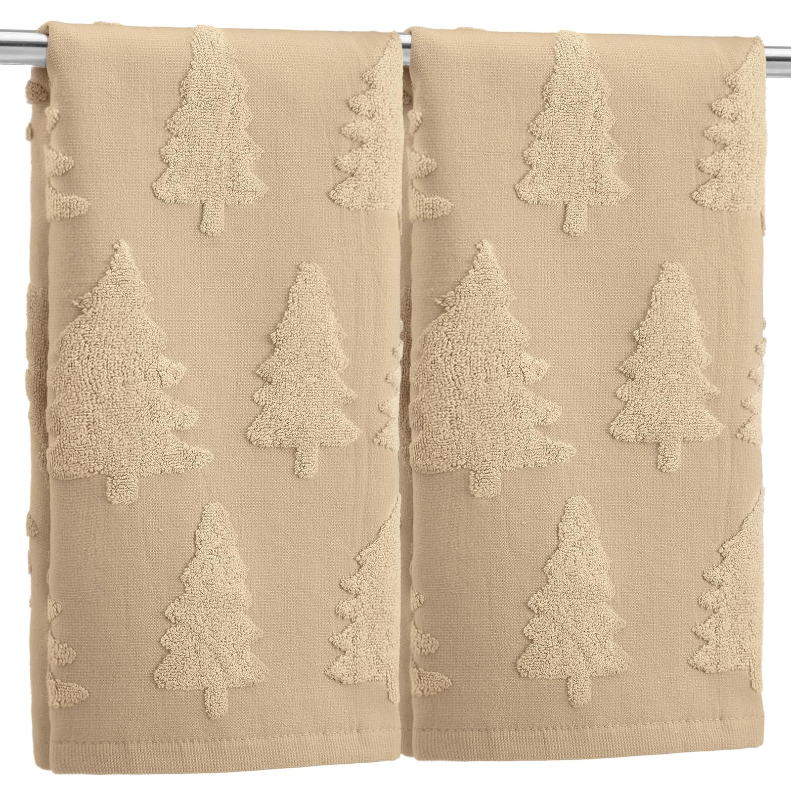 Breling 2 Pcs Christmas Hand Towels Beige Christmas Trees Bathroom Decorative Towels 100% Cotton Absorbent Jacquard Weave Bath D