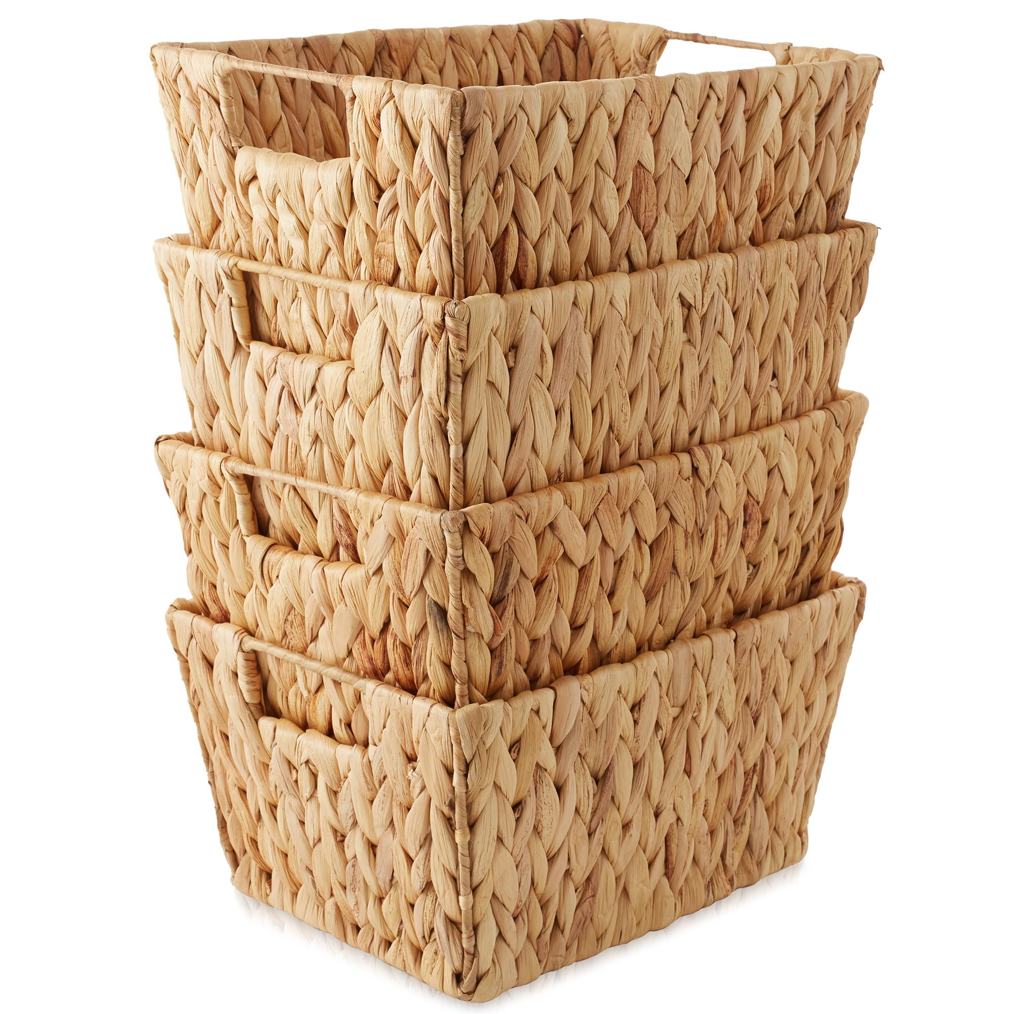 Casafield Set Of 4 Water Hyacinth Storage Baskets With Handles - Natural, Woven Rectangular Storage Bins For Shelves, Blankets,