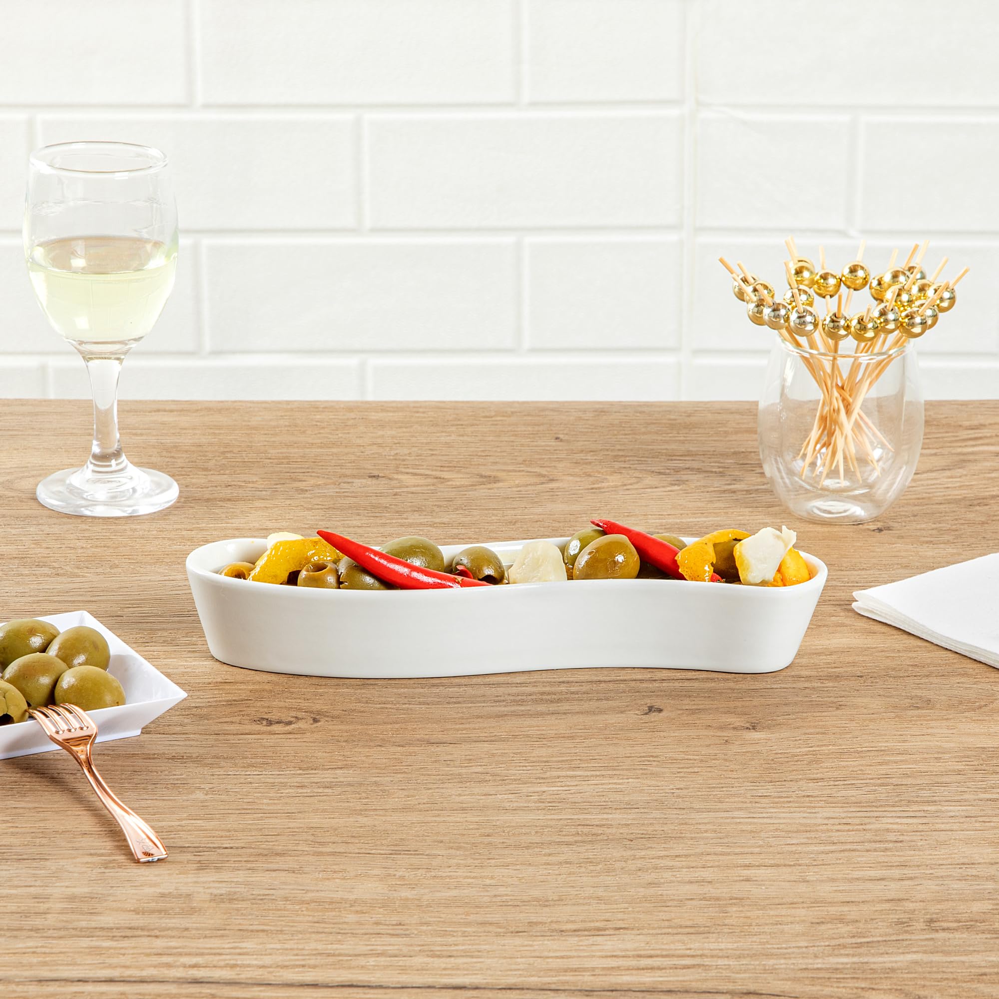 Swerve 6 Ounce Olive Plate, 1 Curved Olive Tray - Large, Chip Resistant, White Porcelain Olive Canoe, Dishwasher Safe, For Snack