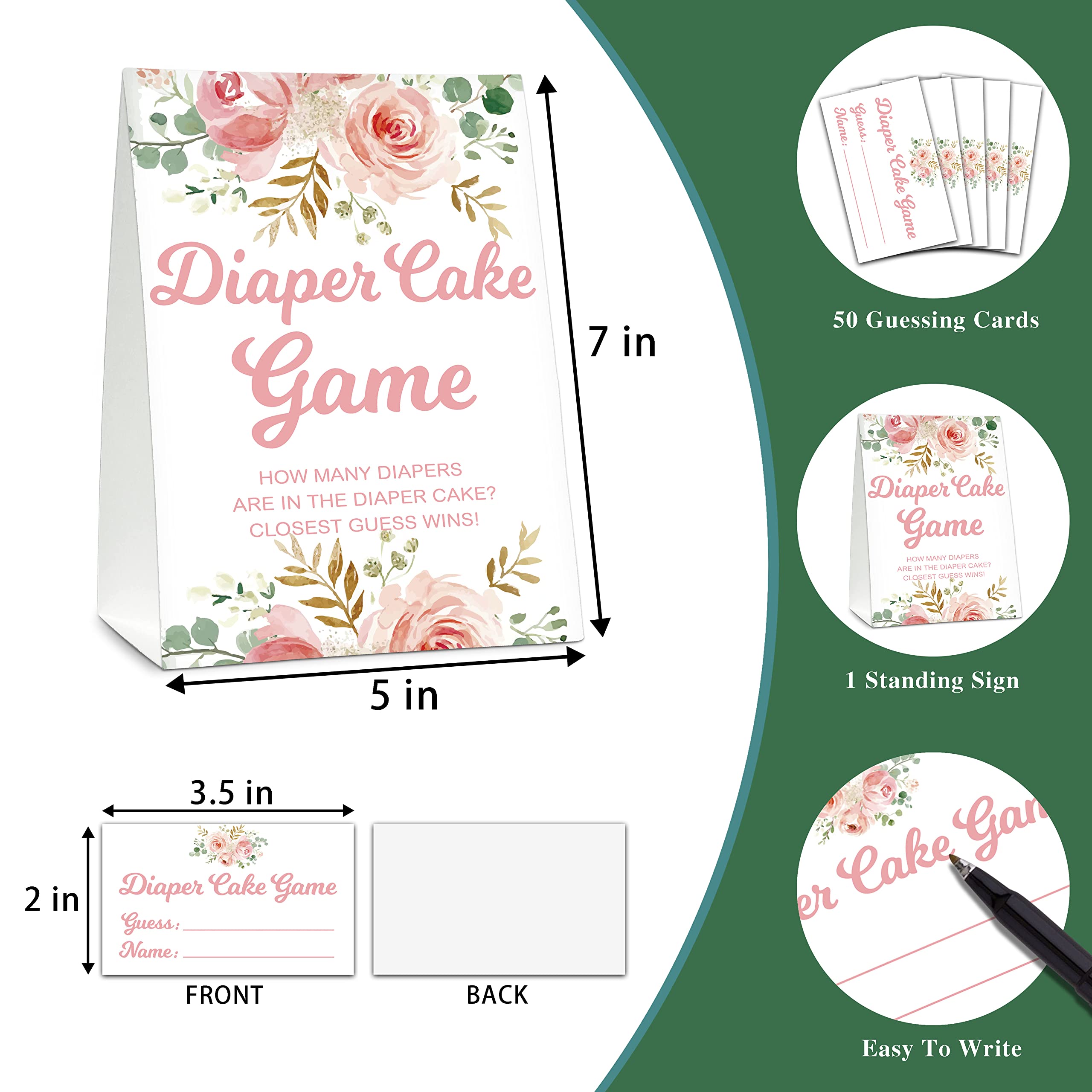 Baby Shower Game Set, Diaper Cake Games(1 Standing Sign + 50 Guessing Cards), Floral Guess How Many Diapers Party Game, Blush Pi