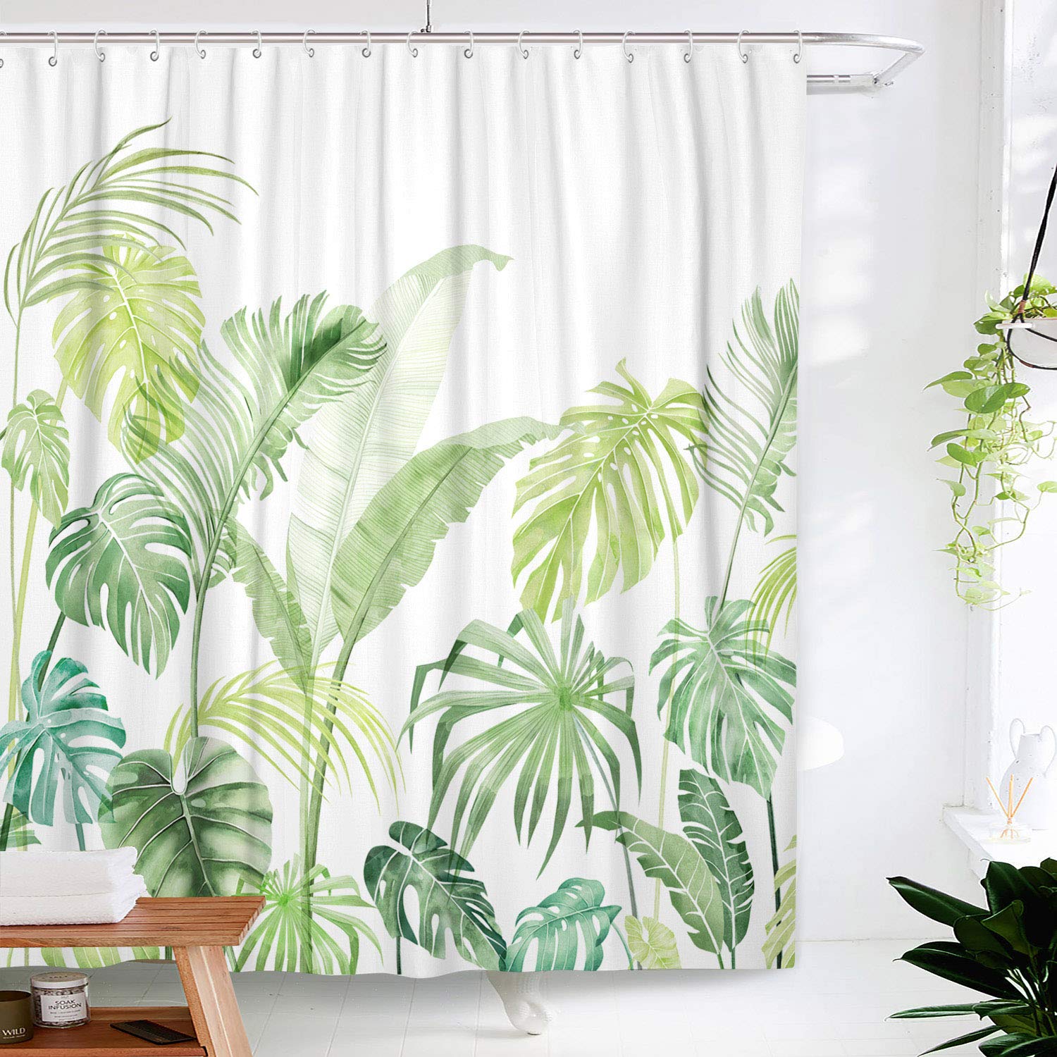 Lifeel Tropical Shower Curtain, Leaves Jungle Shower Curtain Palm Bathroom Shower Curtain Set Heavyweight With 12 Hooks, Green W