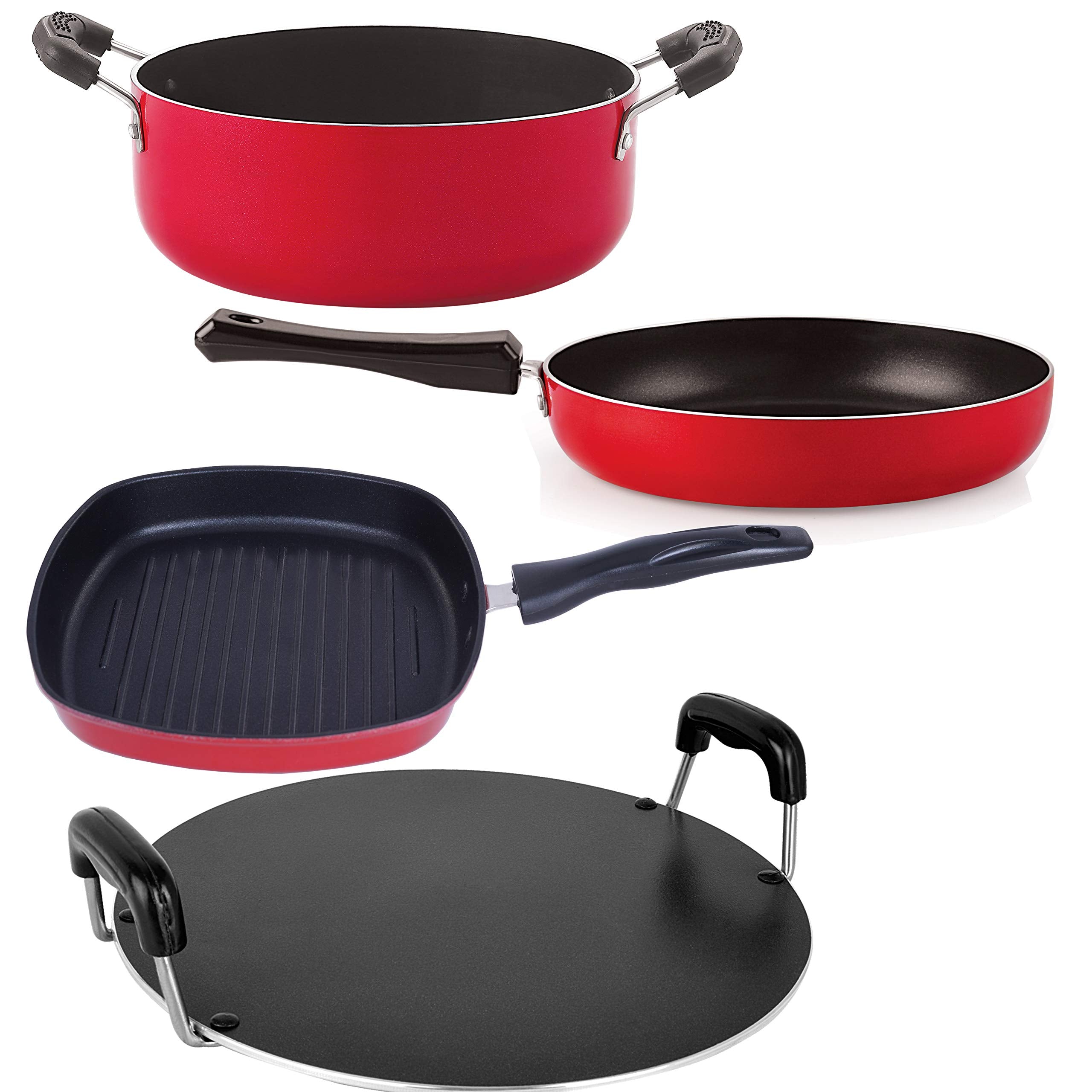 Nirlon NonStick Aluminium Cookware Set, 4Pieces, Red And Black (2.6Mm_Fp10_Gp(24)_Rt_Cass22)