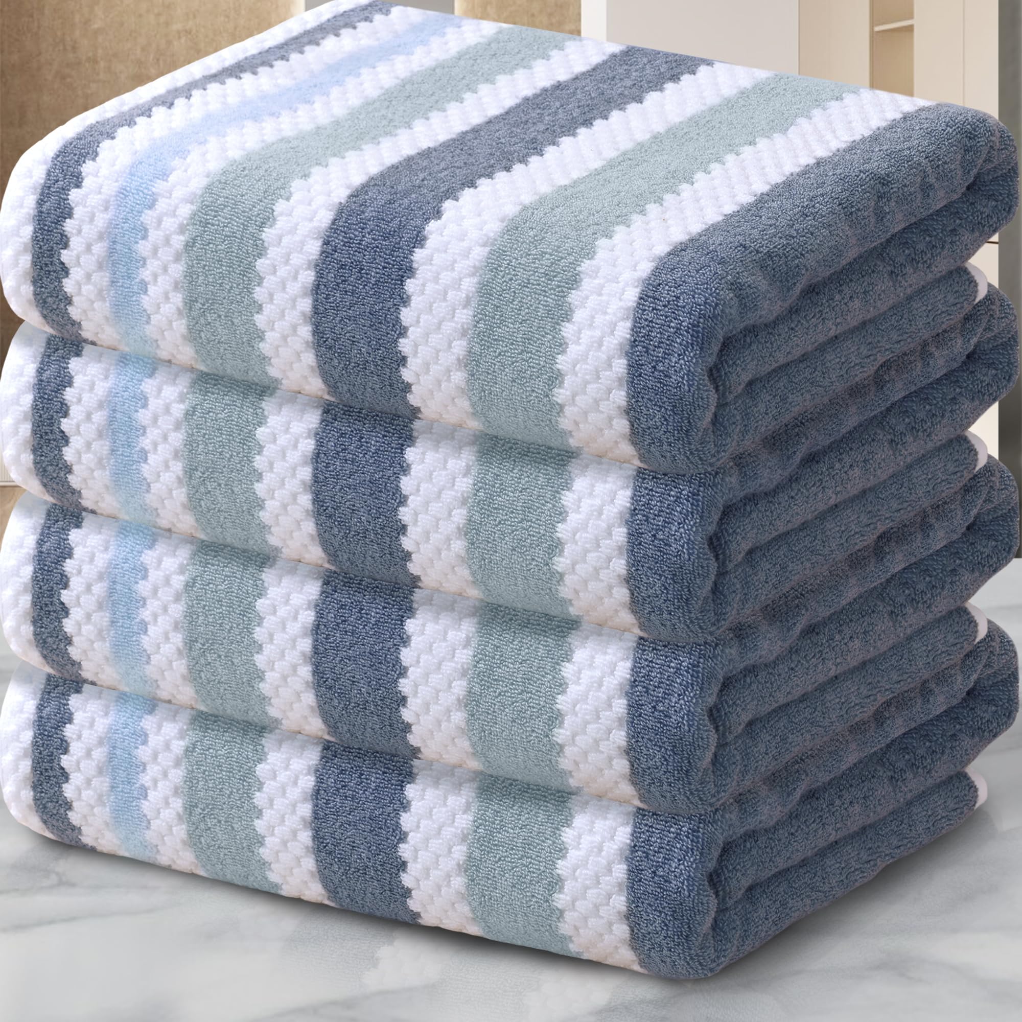 Striped Bath Towels (4Pc, 30''X56'') - Quick Dry | Absorb | Lightweight | 540Gsm | Soft, Cotton Polyester Blend Bath Towels, Dec