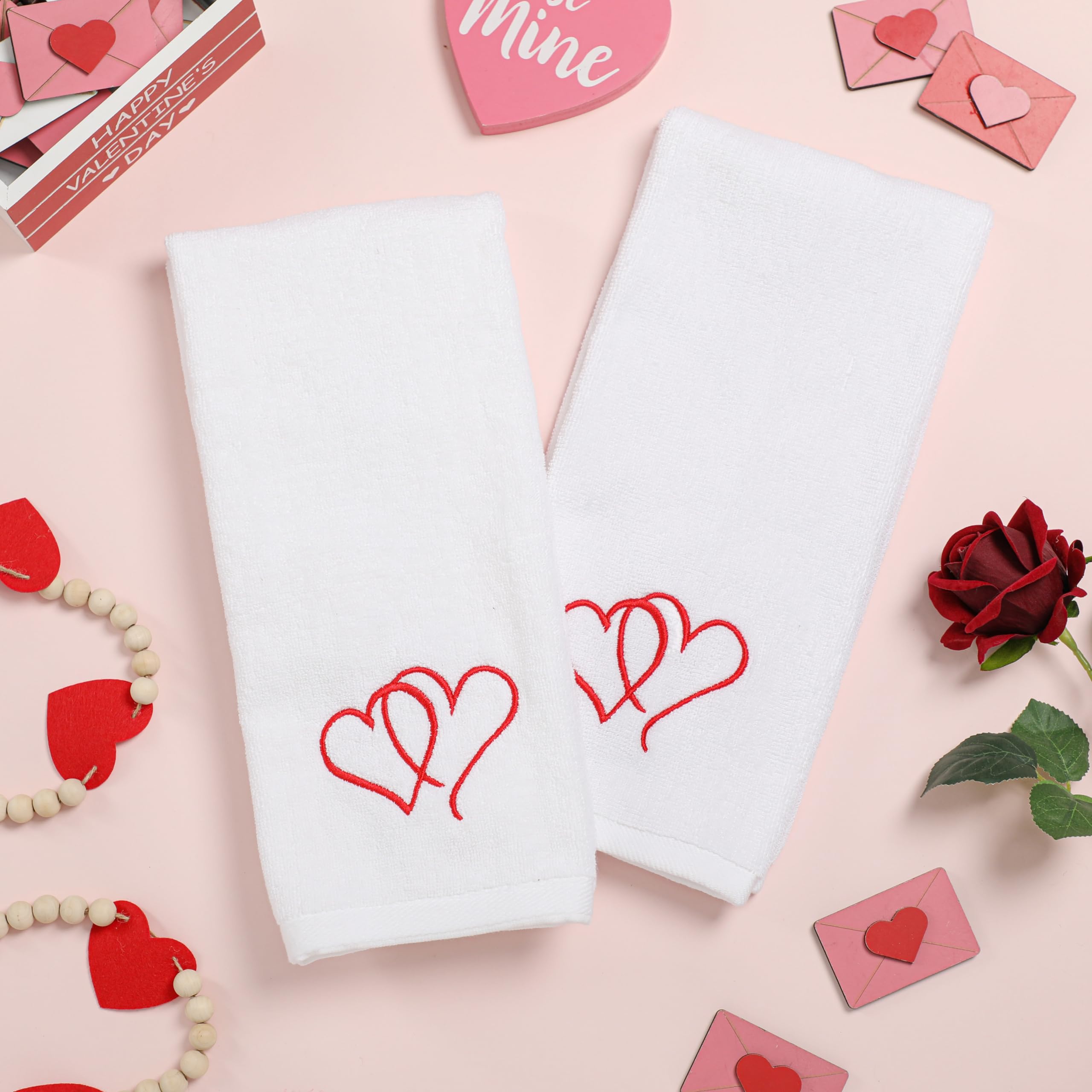 Newlighture Valentines Day Hand Towels 100% Cotton Embroidered Red Heart Decorative Bathroom Kitchen Dish Towels Set Gift Set Of