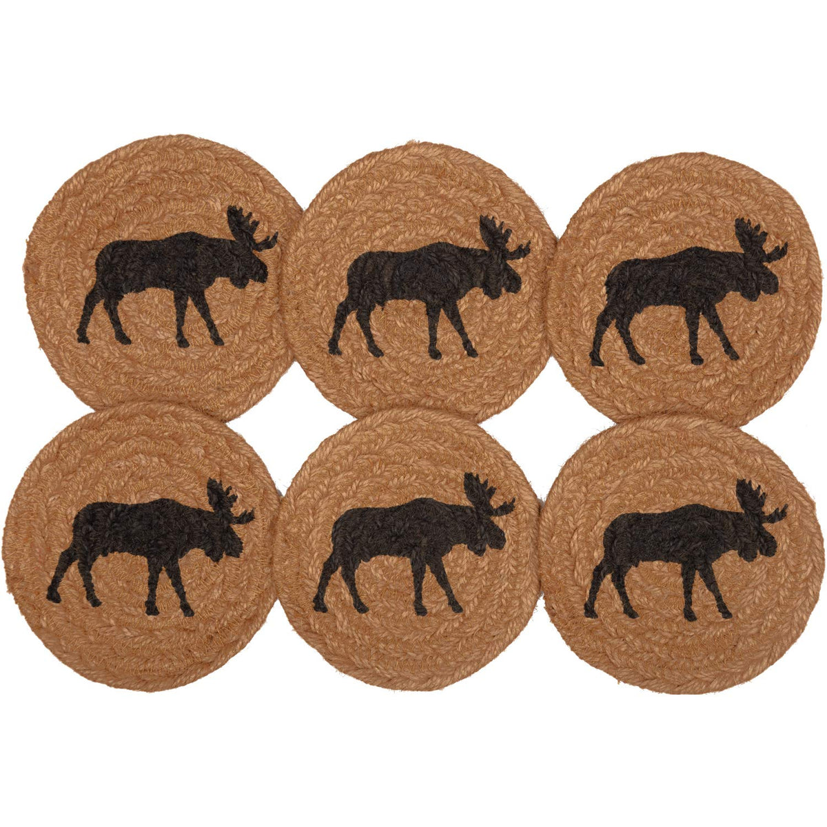 Vhc Brands Cumberland Moose Print Textured Jute Rustic Tabletop Kitchen Stenciled Round Bedding Accessory, Coaster Set, Natural