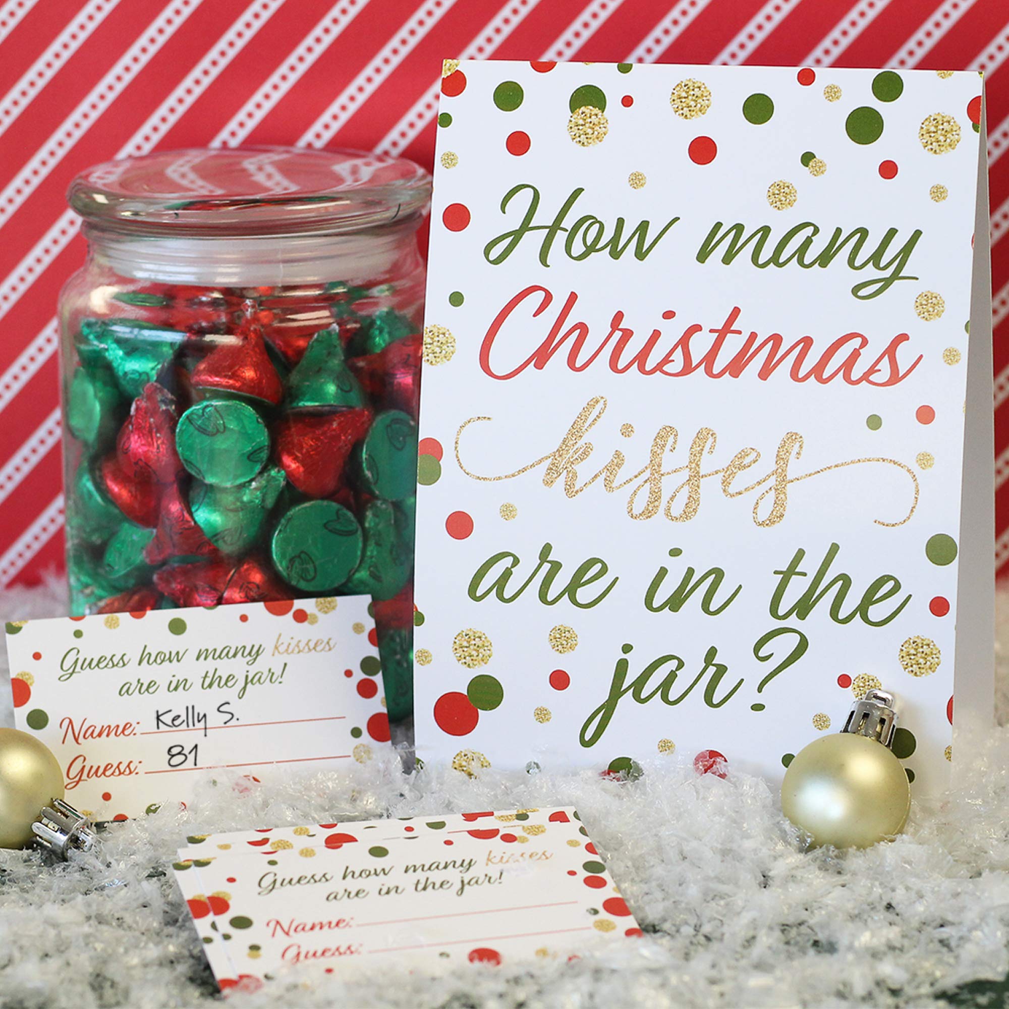 Christmas Party Game - How Many Kisses - Standing Sign And 30 Cards