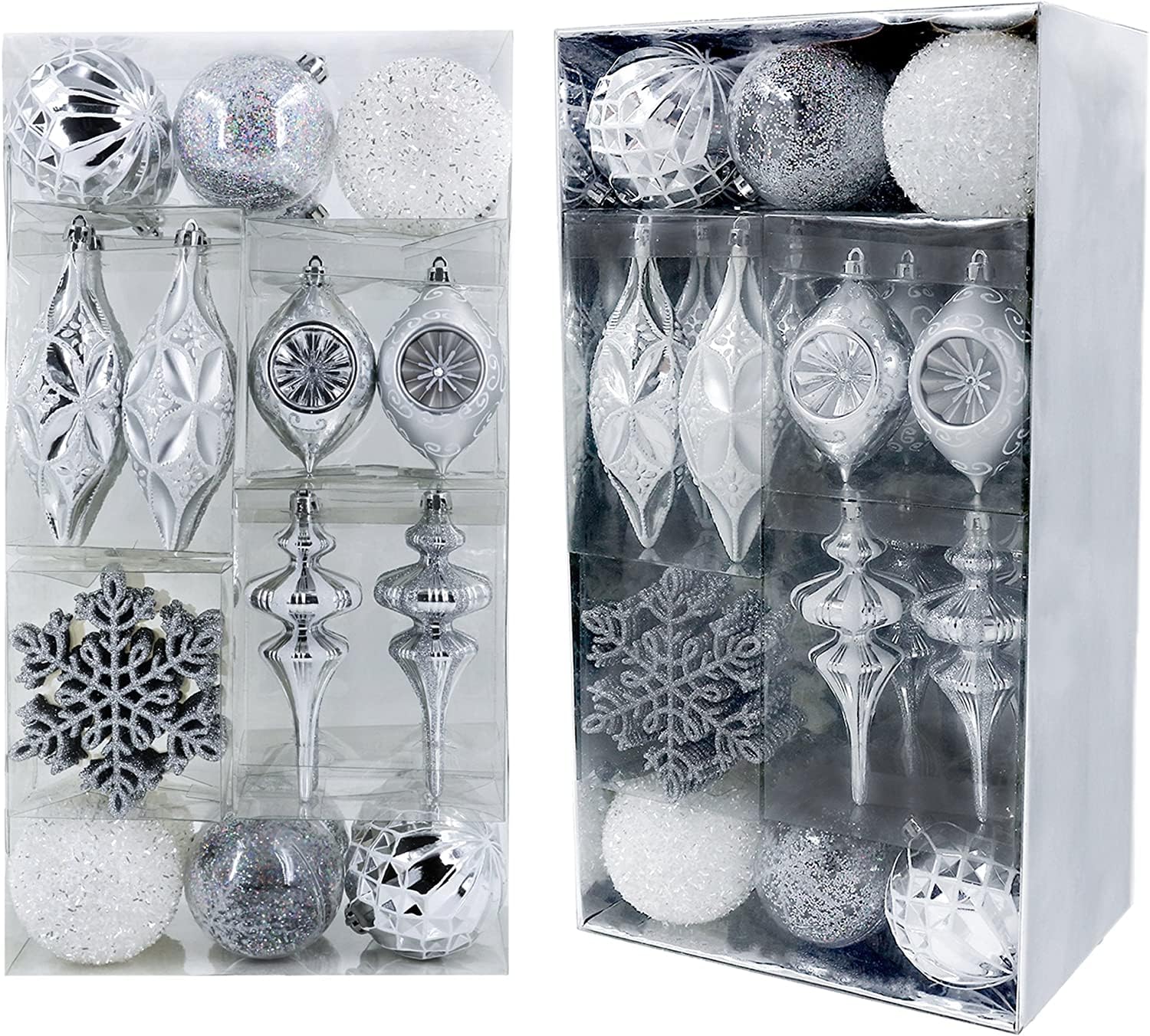 Valery Madelyn Christmas Ball Ornaments, 50ct White and Silver Shatterproof Christmas Tree Decorations Set, Elegant Hanging Orna