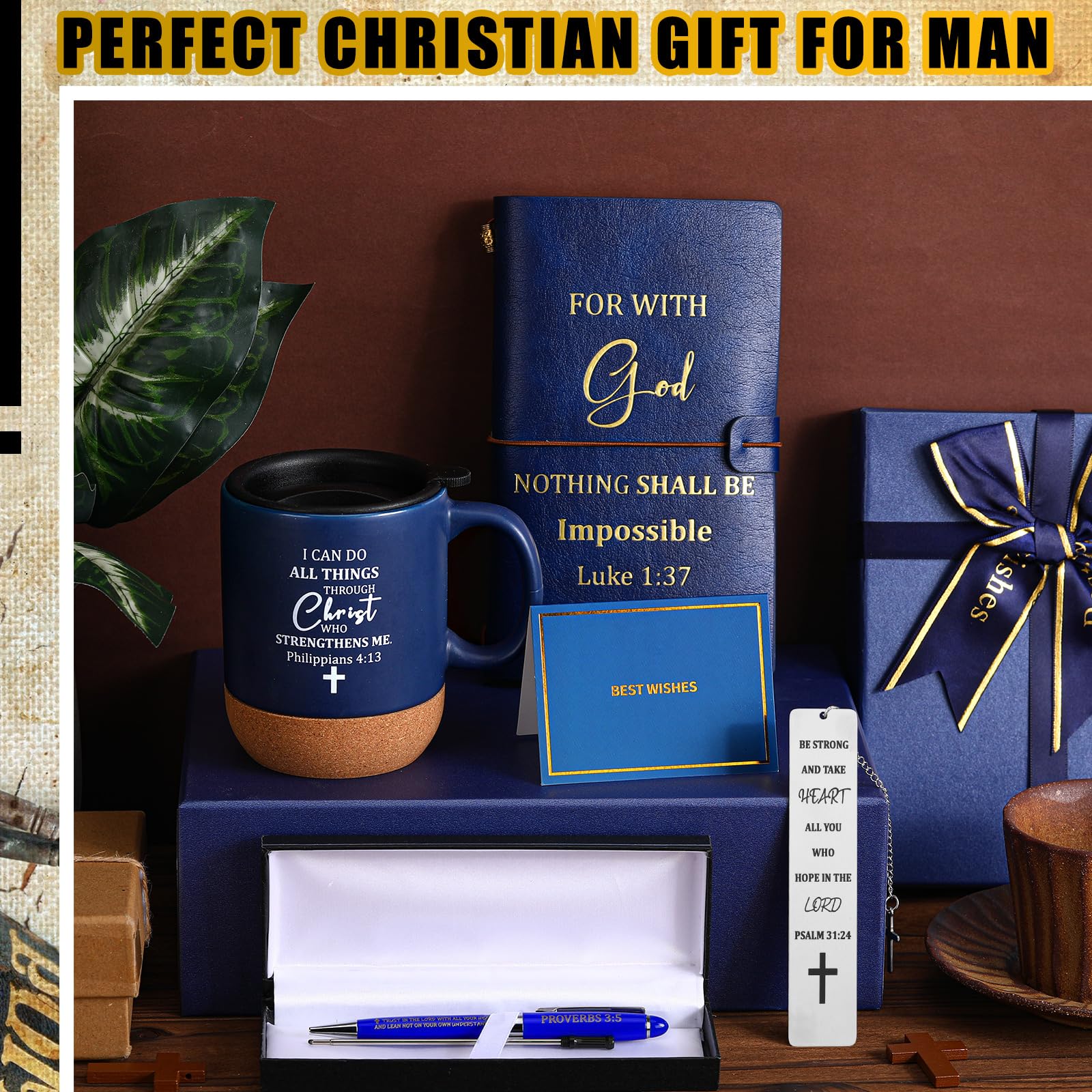 Shellwei 6 Pcs Christian Gifts for Men 13.5 oz Mugs with Cork Bottom Leather Bible Notebook Religious Metal Bookmark Pen with Bo