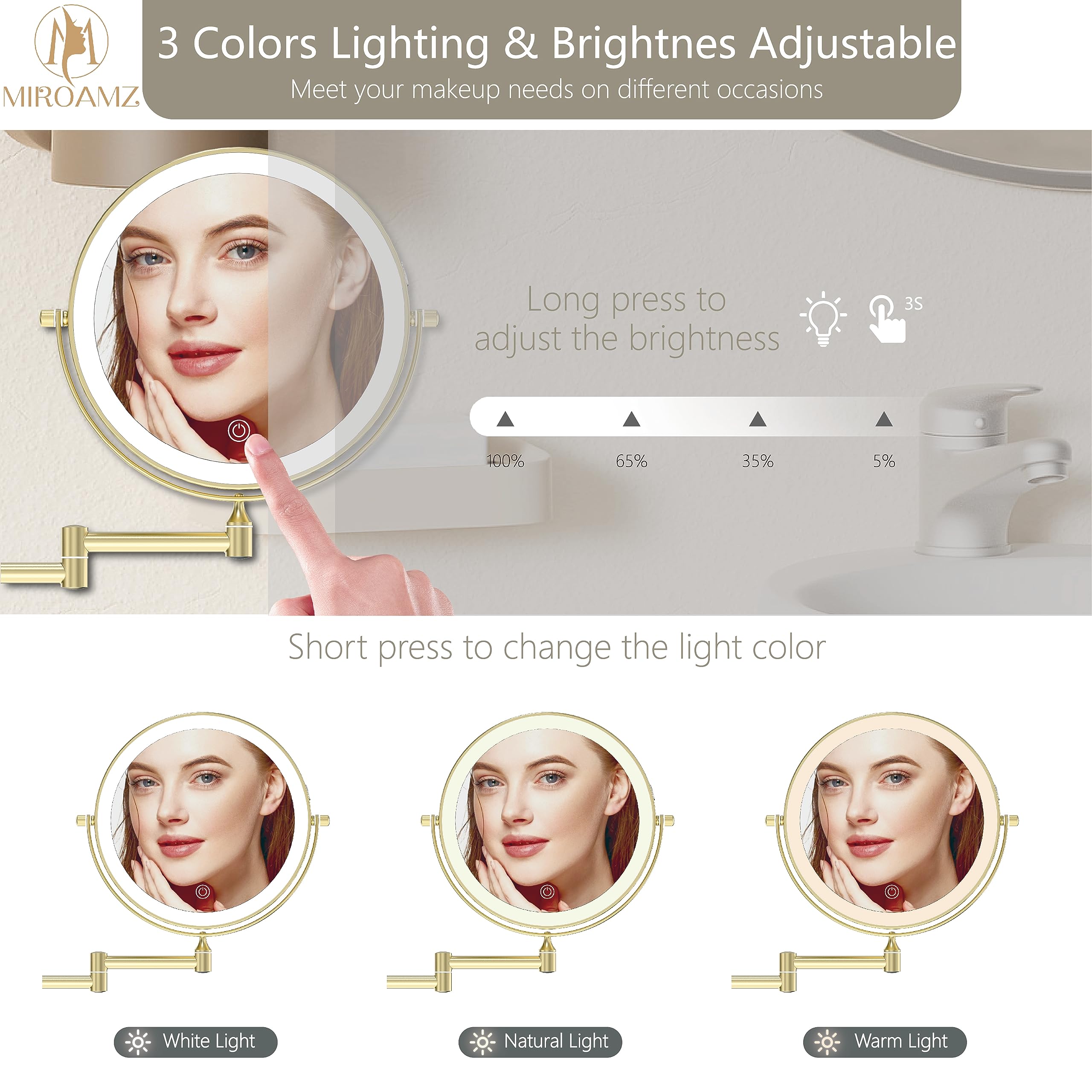 Miroamz Rechargeable Wall Mounted Lighted Makeup Vanity Mirror 9 Inch Double Sided 1X 10X Magnifying Bathroom Mirror, 3 Color Li