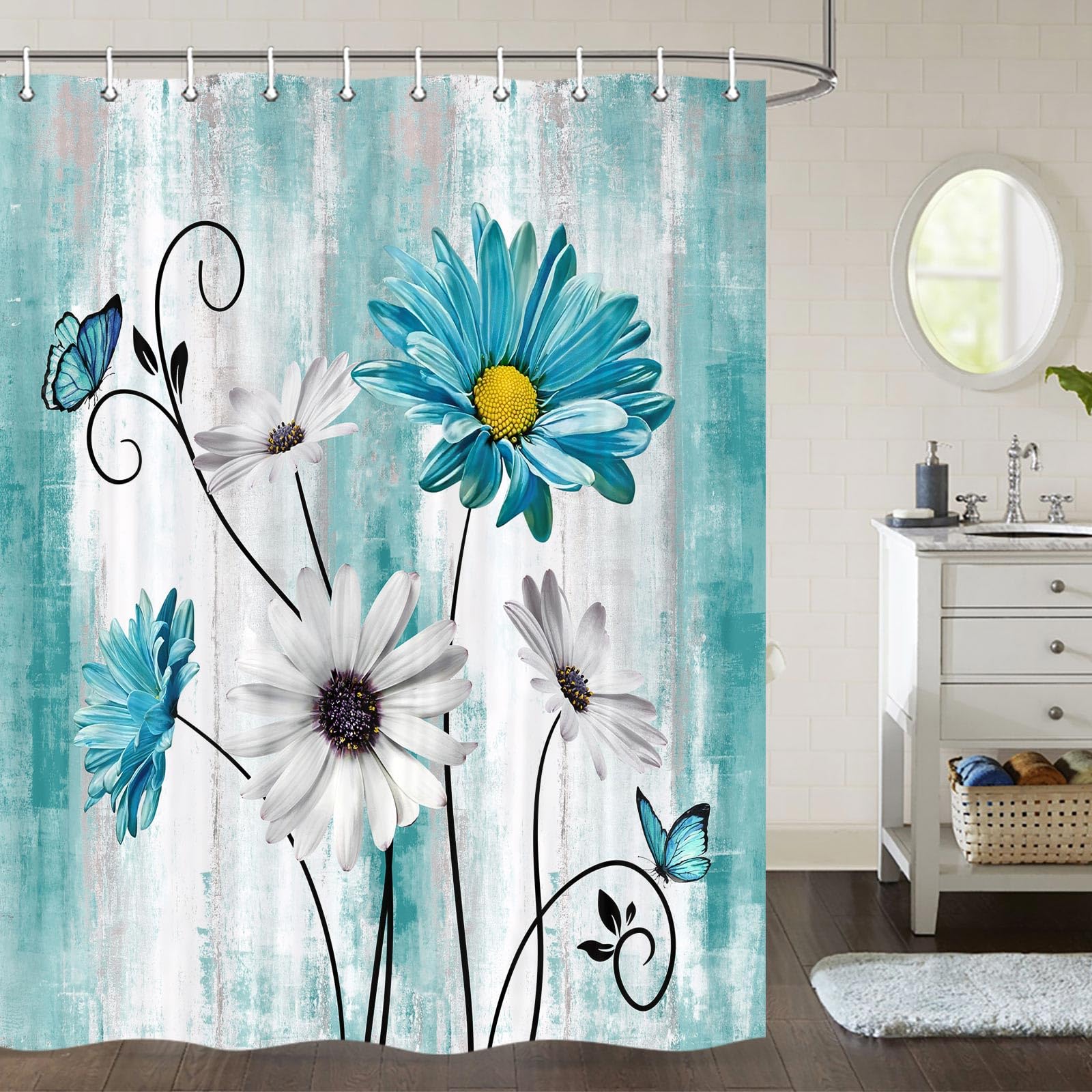 Jawo Teal Daisy Floral Flowers Shower Curtain, Farm Rustic Farmhouse And Butterfly On Country Wooden Shower Curtain, Turquoise B