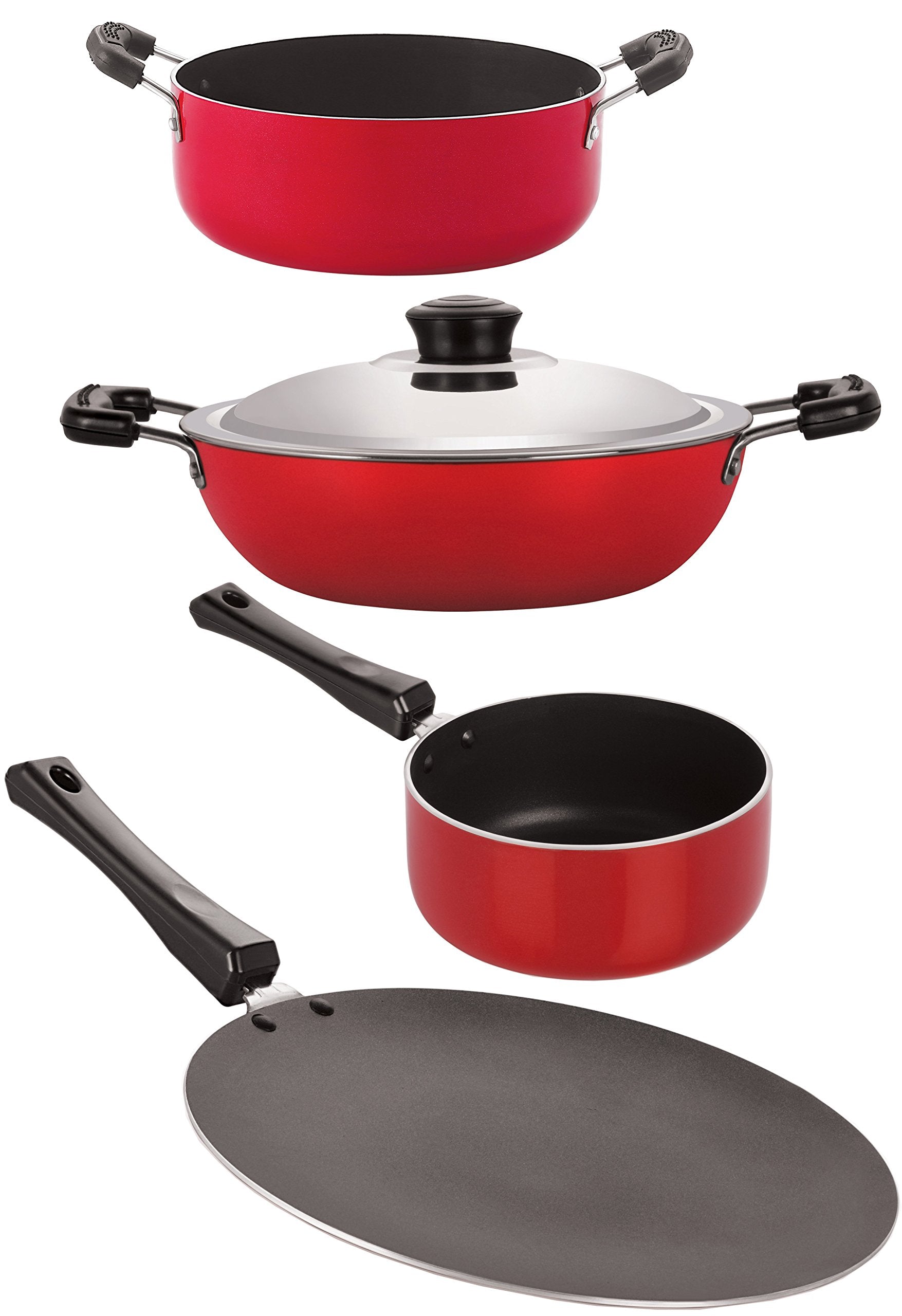 Nirlon NonStick Aluminum Cookware Set, 4Piece, Red And Black (2.6Mm_Ct_Dkdm_Spm_Cass20)
