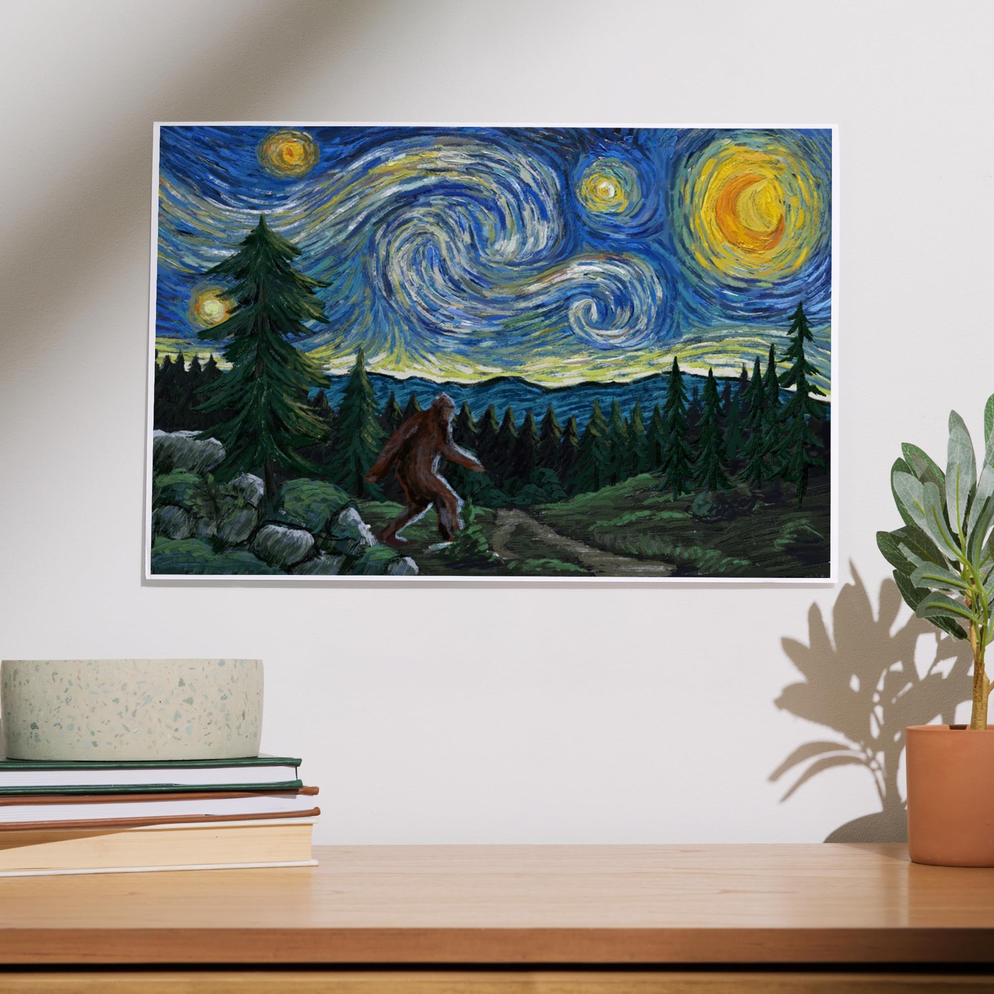 Lantern Press 12X18 Inch Art Print Wall Decor, Bigfoot, Starry Night