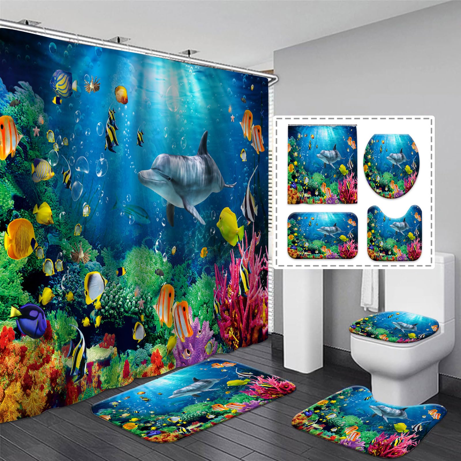 Kids Bathroom Set Blue Ocean Bathroom Shower Curtain Sets Underwater Sea World Shower Curtain 4 Pcs, Waterproof Tropical Dolphin