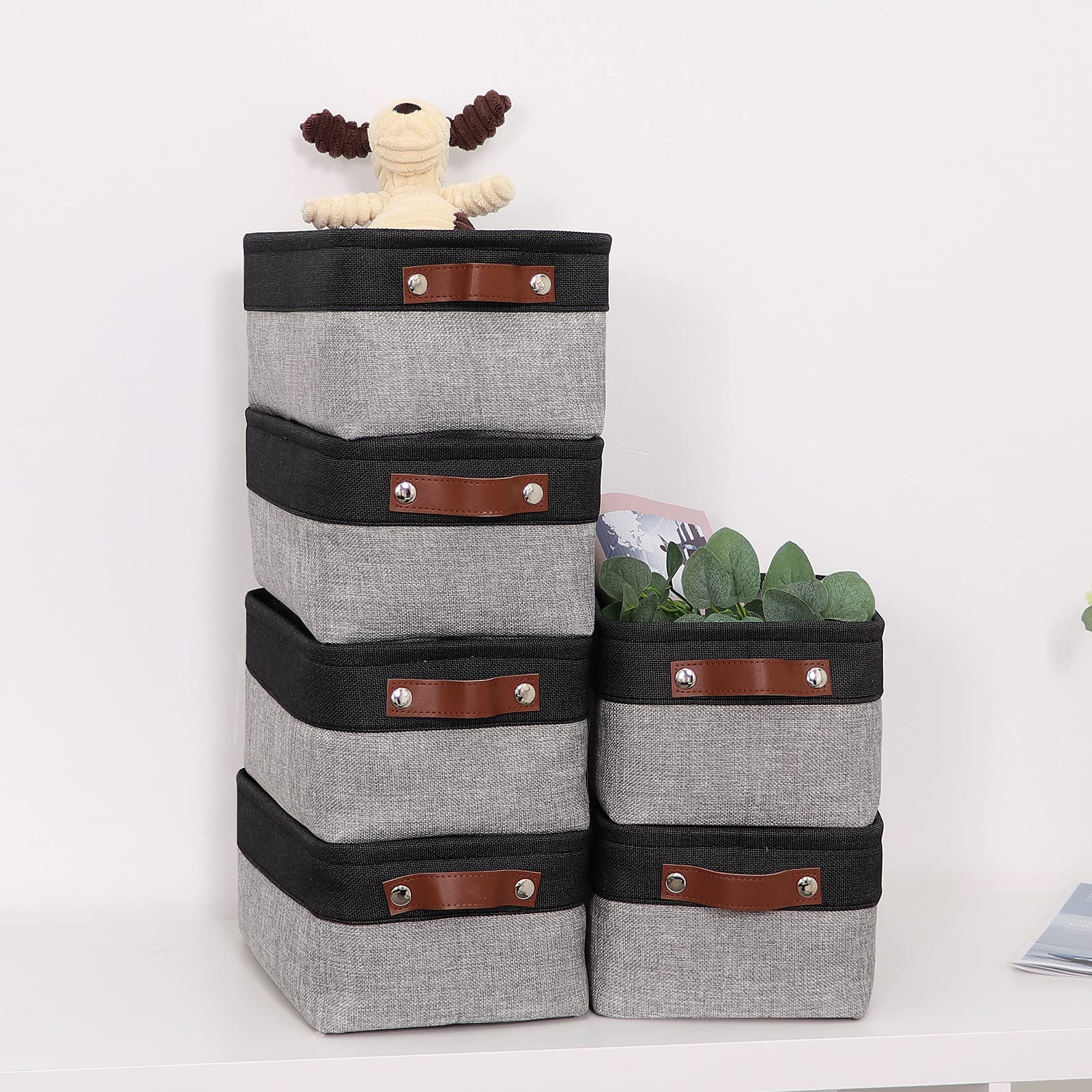 HNZIGE Small Storage Baskets Fabric Bins(6-Pack)Baskets for Shelves  Empty Gift baskets with Leather Handles Folable Baskets for organizing Clothes  Toys  Books  Gifts(Black&Gray 11.8'' x 7.8'' x 5.1'')