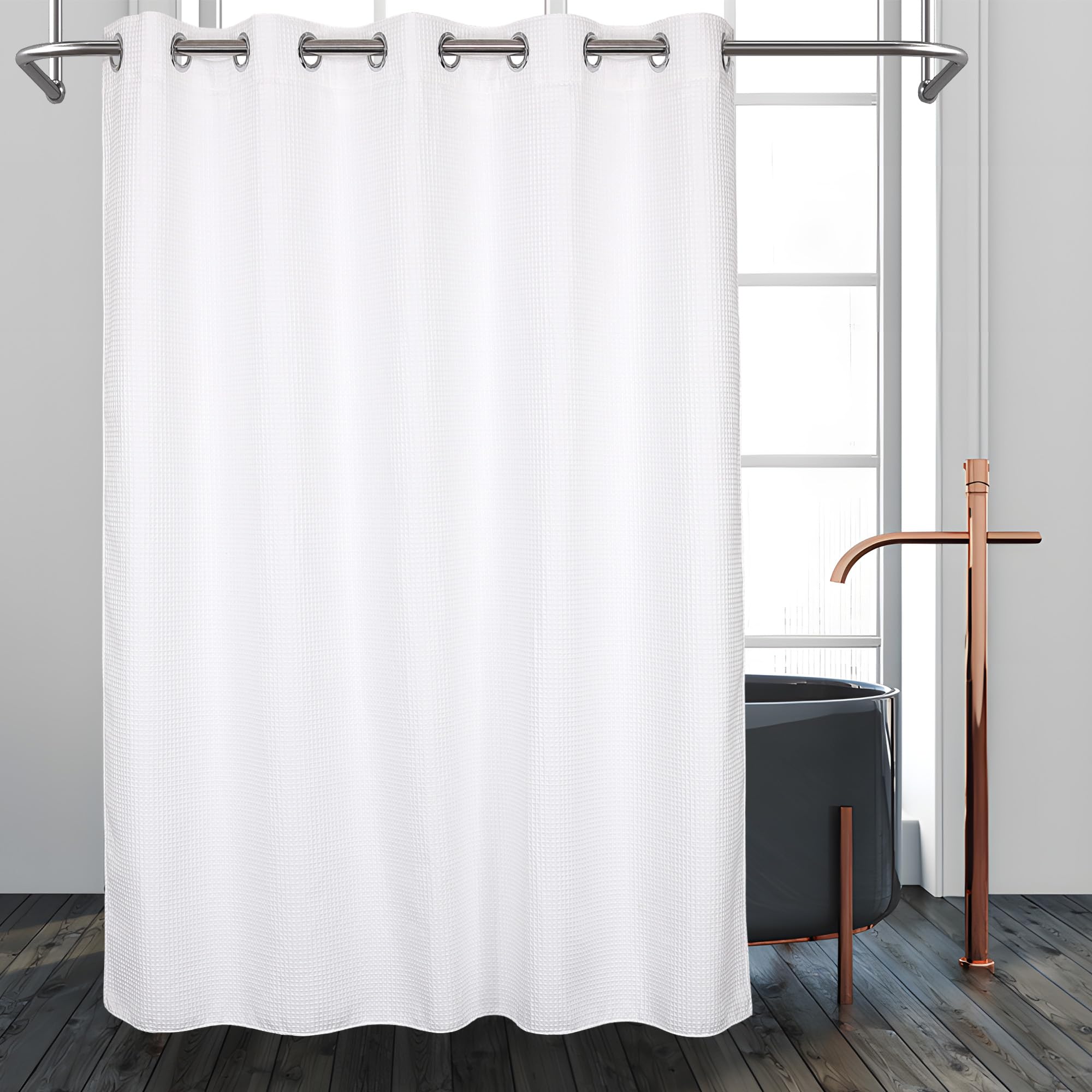 Hotel Grade No Hooks Needed Shower Curtain With Snap In Liner,Water Repellent, Machine Washable (White-No Window, 71''X74''(W/Li