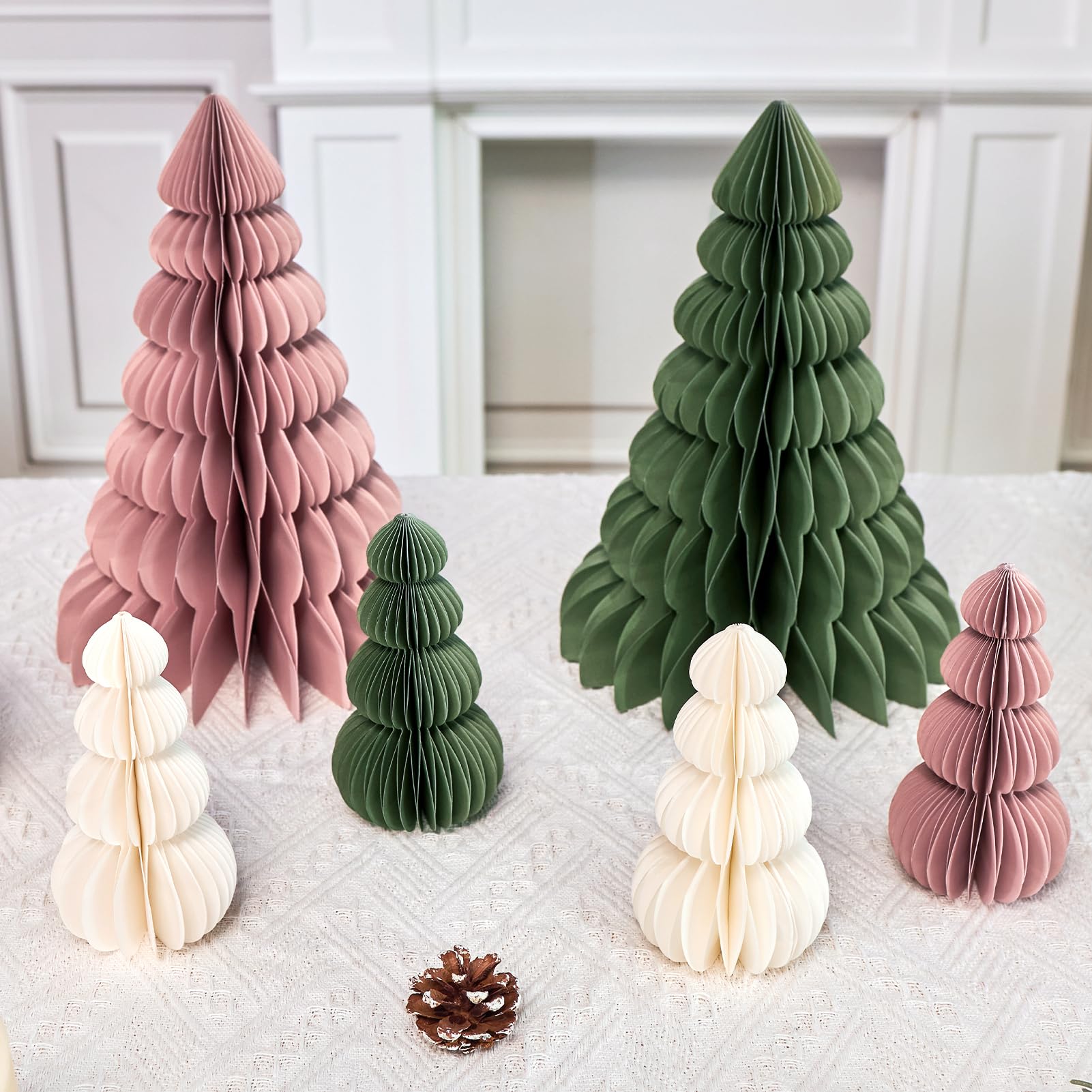 OBBOLO 6 Pcs Paper Christmas Tree, Beige, Sage Green and Dusty Pink Tabletop Christmas Decorations with Magnetic Closure, 12 & 6