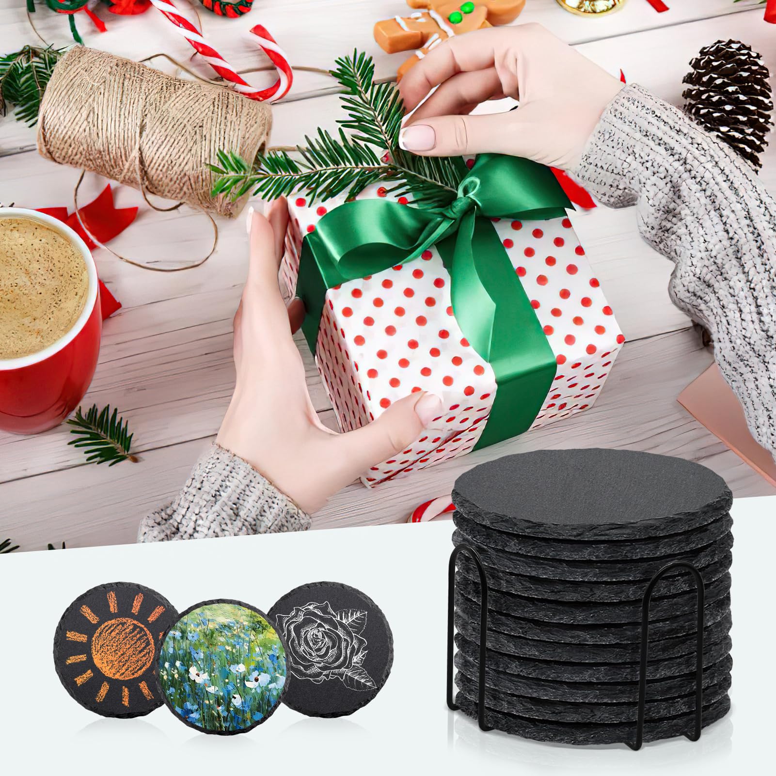 4 PCS Round Slate Drink Coasters Set  SIJDIEE 4 Inch Black Slate Stone Coasters with Anti-Scratch Bottom and Coaster Holder for Office Bar Kitchen Home Dinner Table Decor Supplies