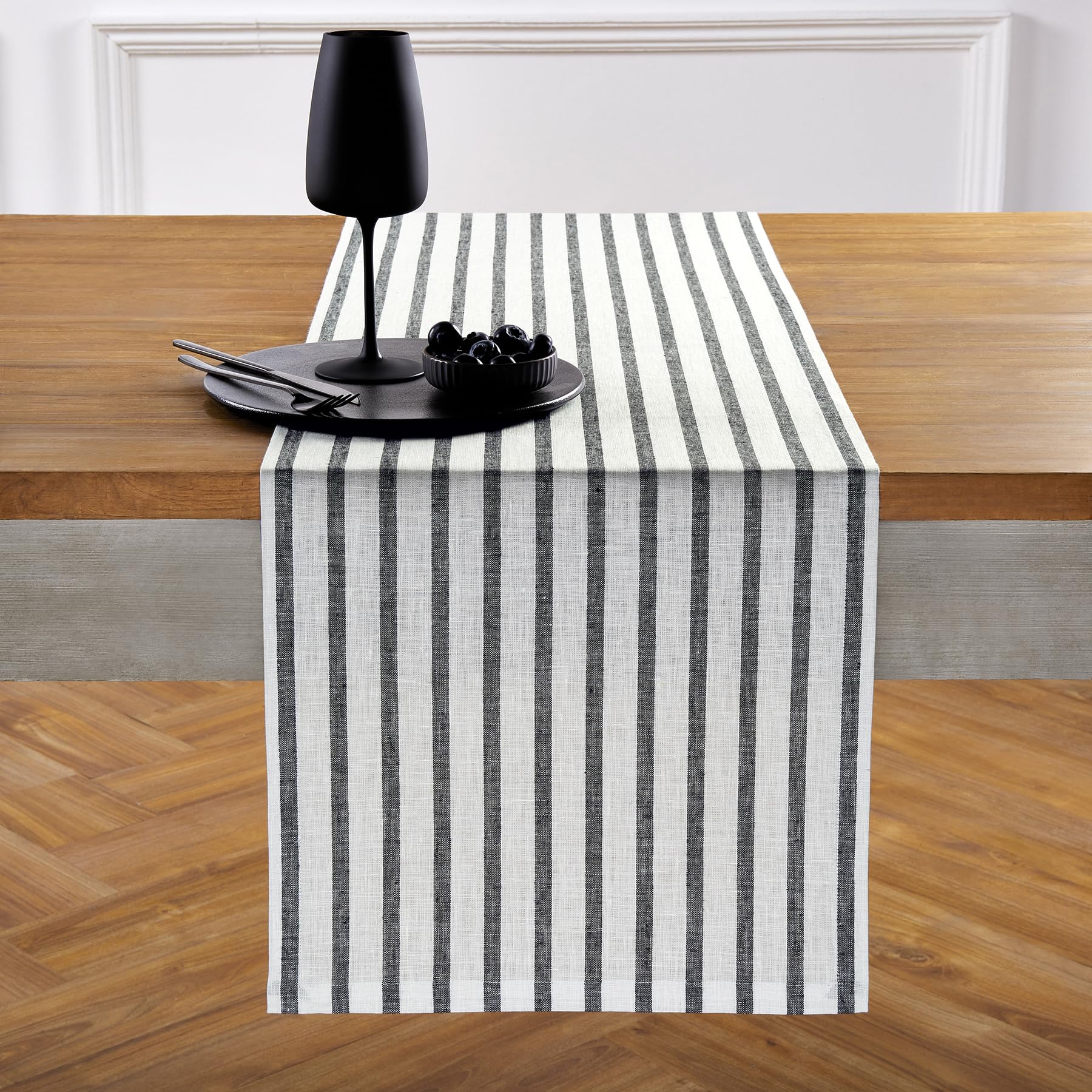 Solino Home Stripe Linen Table Runner 120 Inches Long - 100% Pure Linen Black And White Dining Table Runner 14 X 120 Inch Ideal