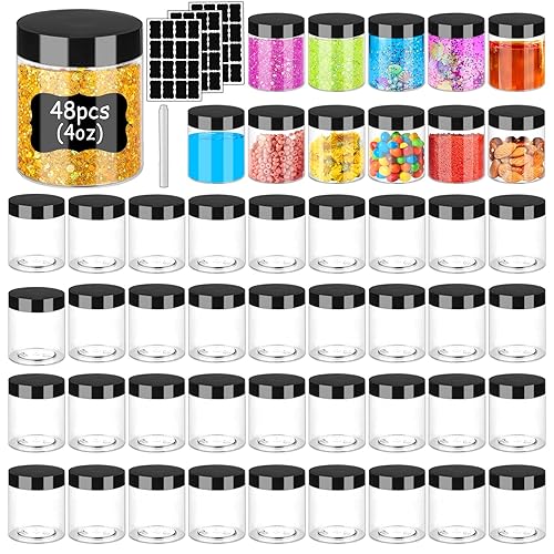 Plastic Jars With Lids 4Oz 48Pcs,Small Cosmetic Slime Containers Clear Travel Round Jars Empty Refillable Sample Containers Leak