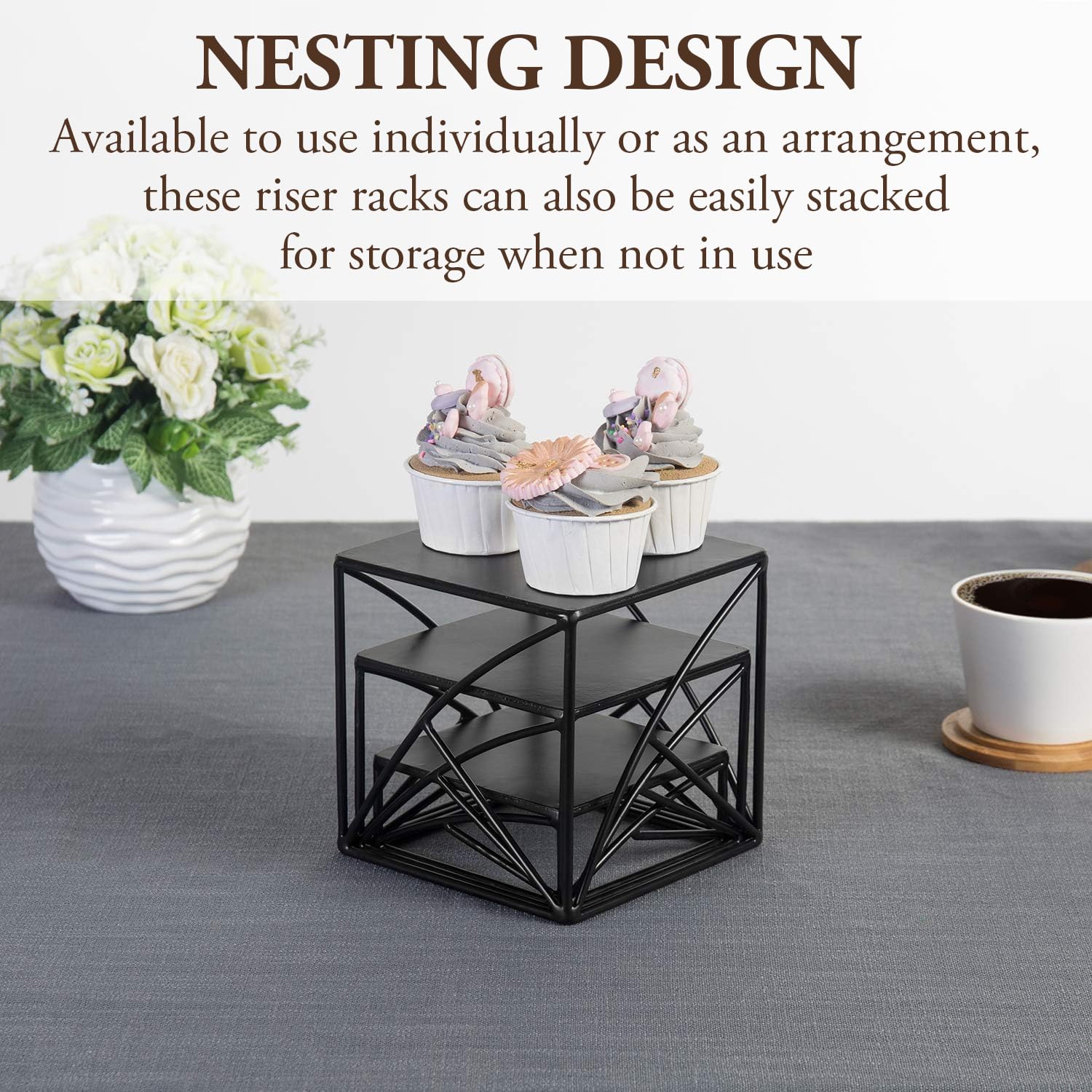 Mygift 6 Inch Square Matte Black Metal Wire Nesting Cupcake Dessert Risers, Art Deco Tabletop Pizza Food Serving Stands For Home