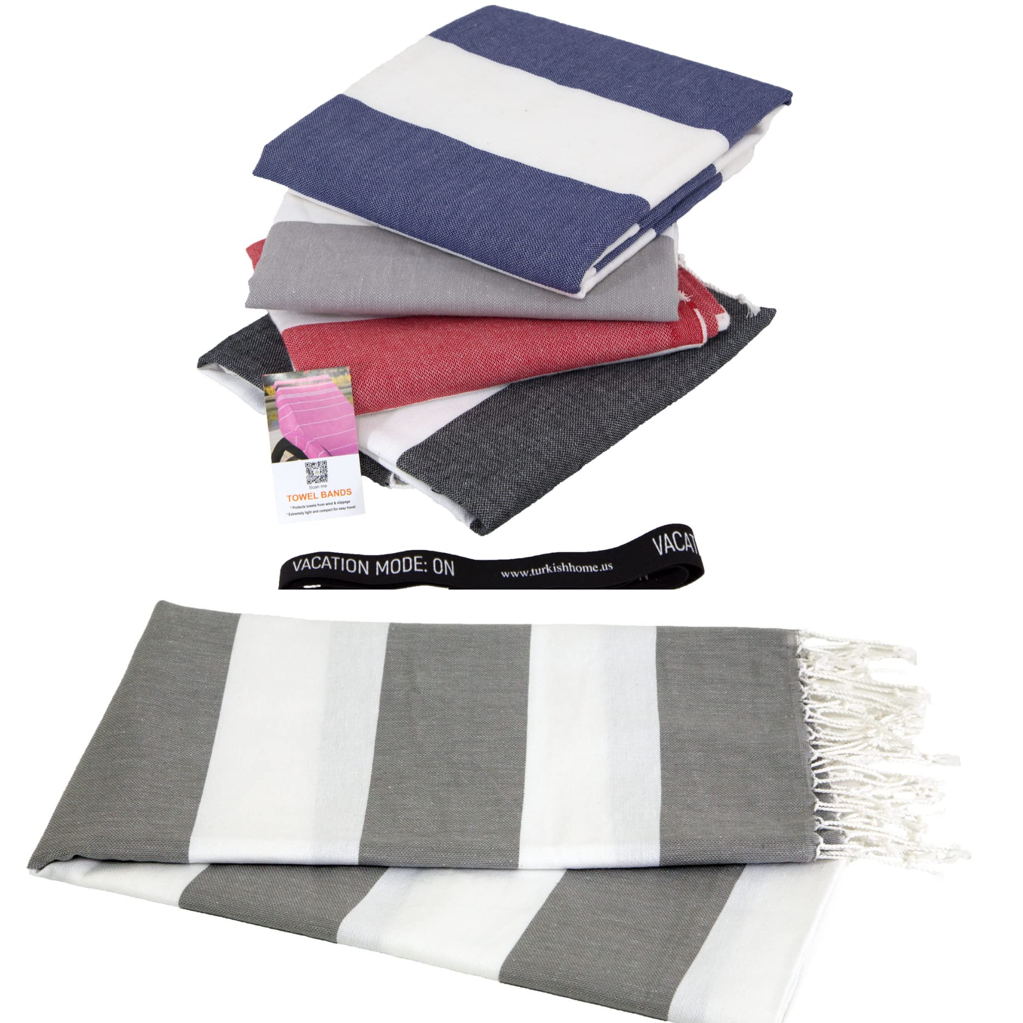 Set Of 4 Turkish Beach Towel With 2 Towel Bands - Beach Towels Oversized 4 Pack - 100% Cotton 40 X 70 Inches - Sandproof Fast Dr