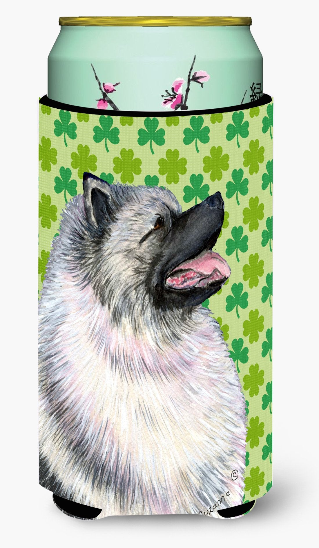Keeshond St. Patrick's Day Shamrock Portrait  Tall Boy Beverage Insulator Beverage Insulator Hugger