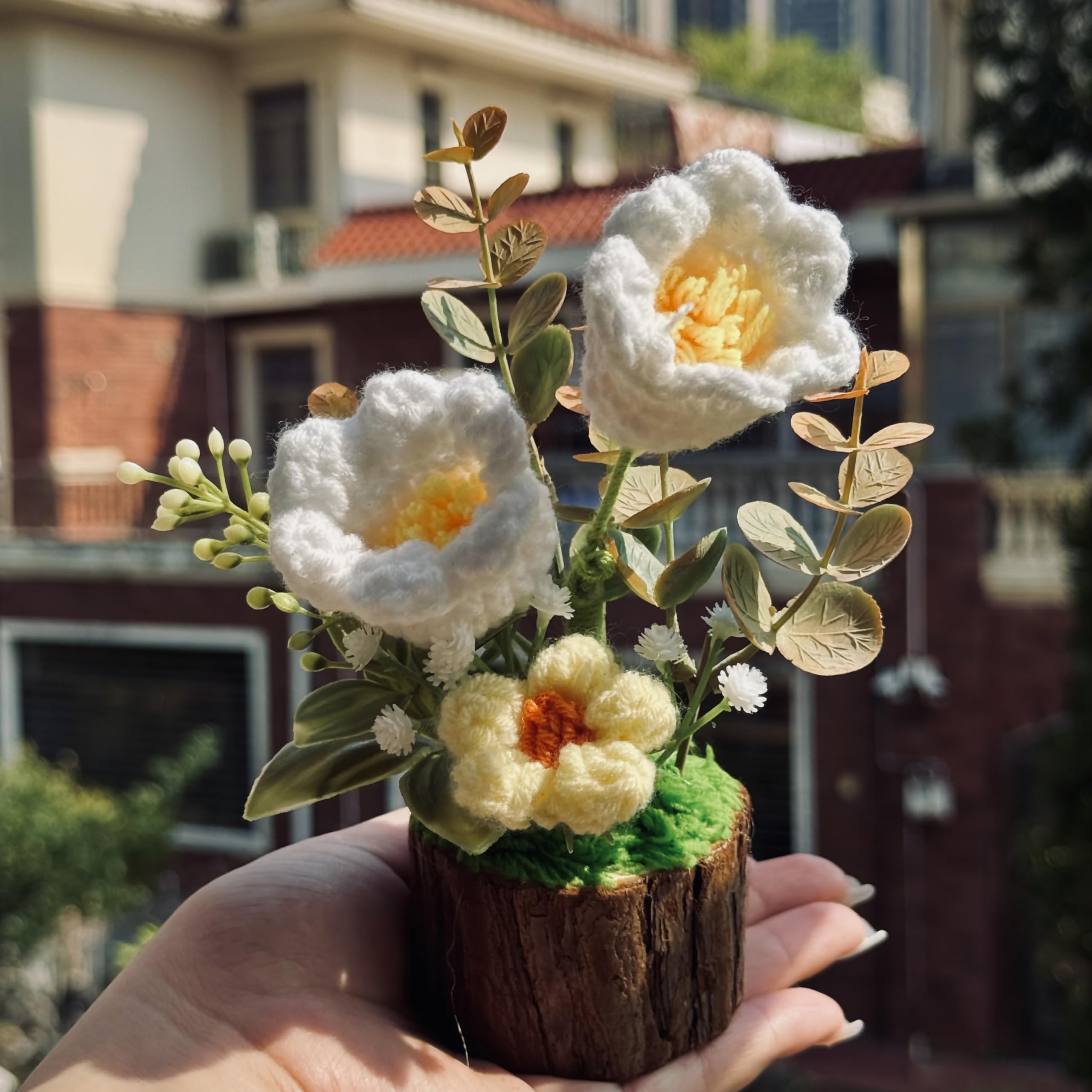 Crochet Flowers Lily of The Valley Bouquet Creative Knitted Potted Plant Mini for Dashboard Decoration Home Desktop Decorations