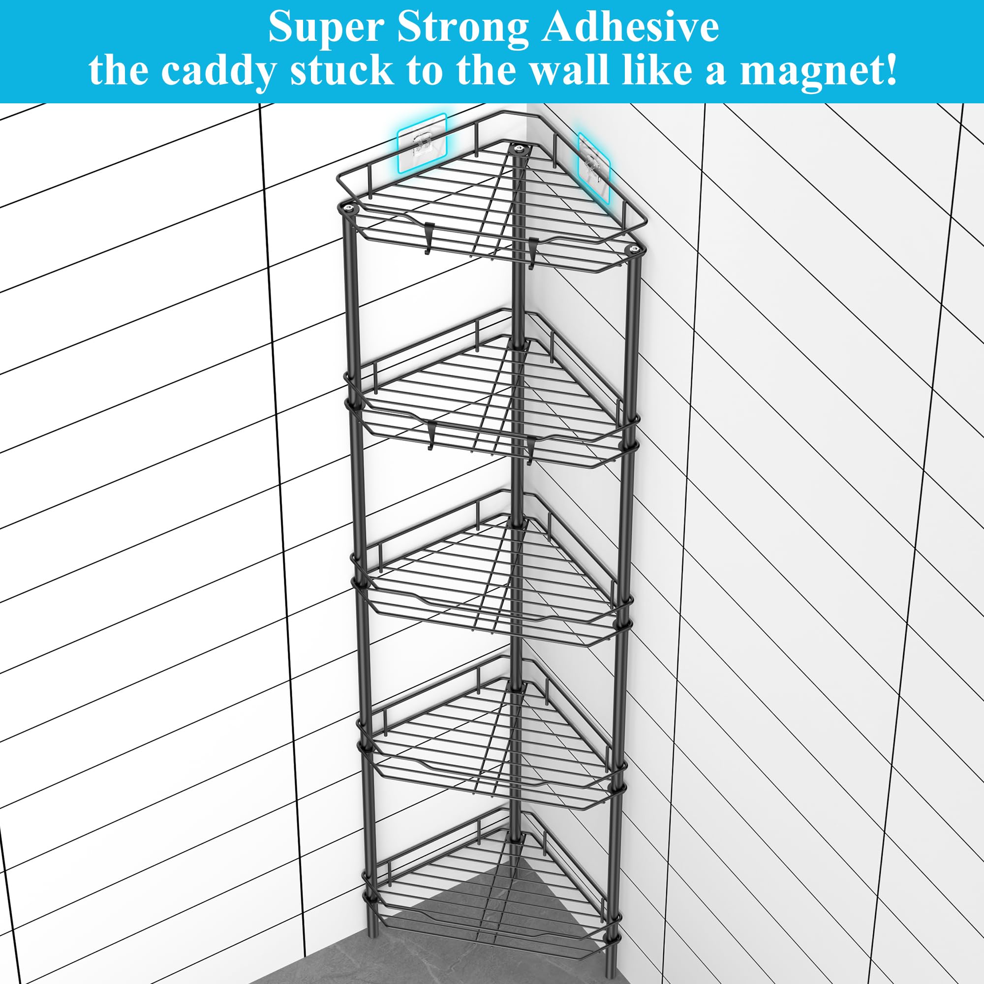 Huggiegems 5 Tier Floor Standing Corner Shower Caddy Organizer Shelf With Hooks, Bathroom Shelves Stand Rack, Black