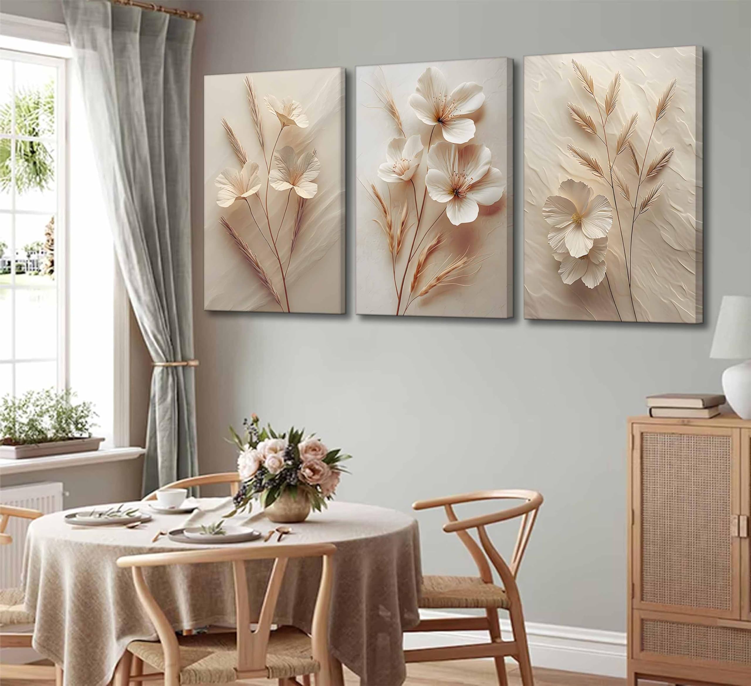 3Pcs Neutral Beige Floral Botanical Canvas Wall Art Modern Simple Text ...