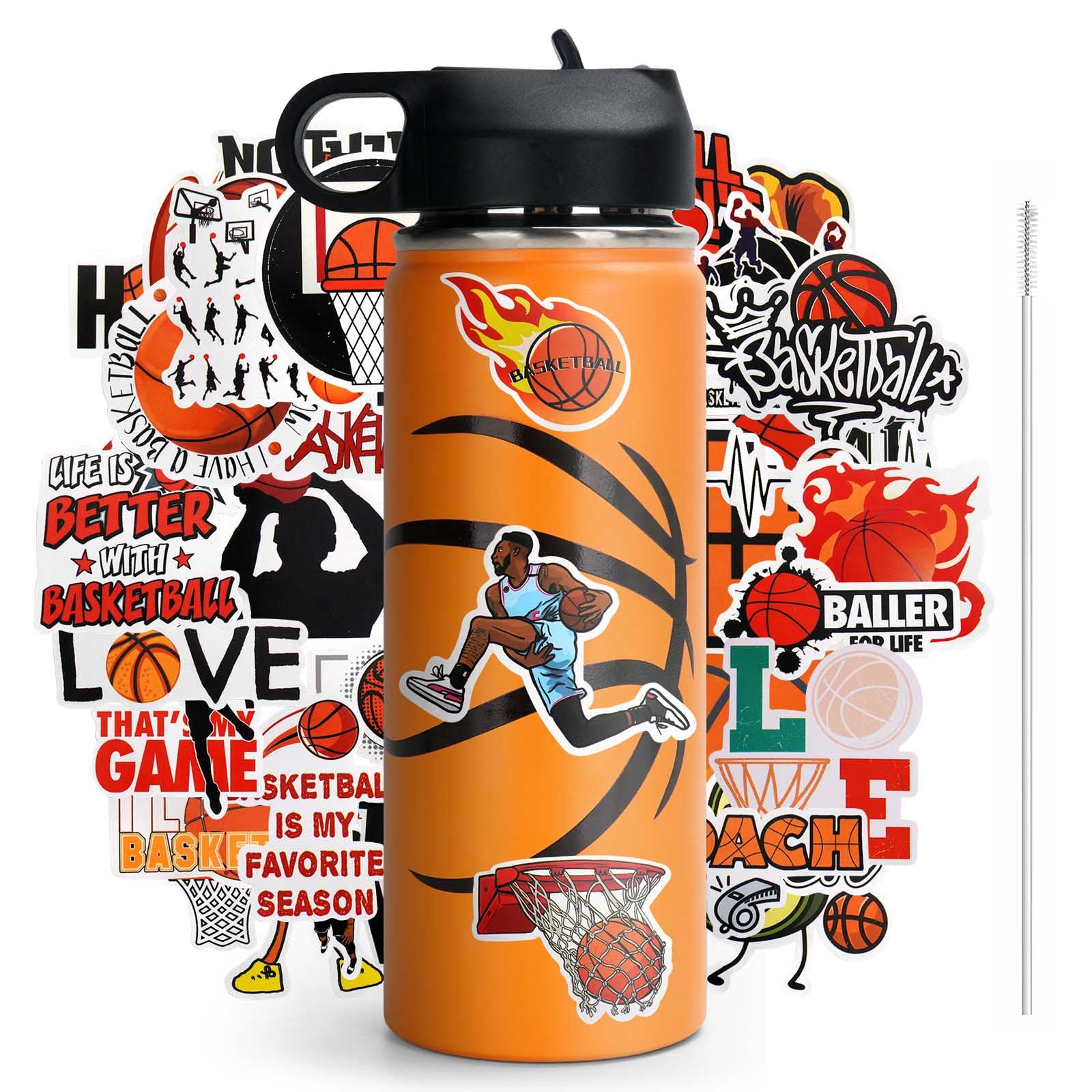 NJGCPRO Basketball Water Bottles for Boys, Stainless Steel Basketball Water Bottle Gifts for Boys 8-12 & Kids with 50Pcs Sticker