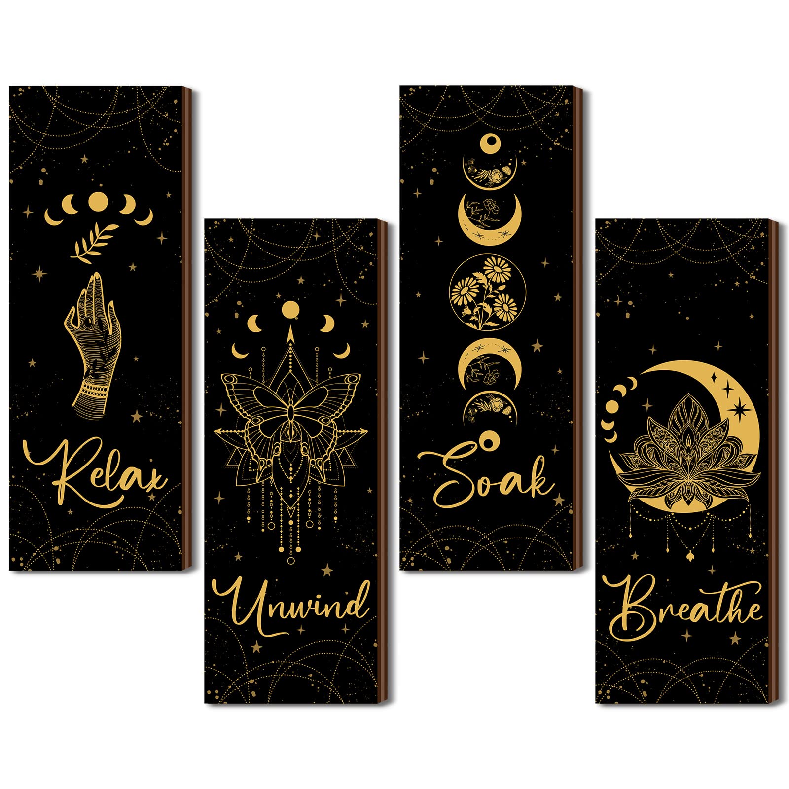 4 Pcs Rustic Boho Wall Decor Moon Phases Wall Art Witchy Room Decor Relax Soak Unwind Breathe Moon Phase Wall Hanging Gothic Min