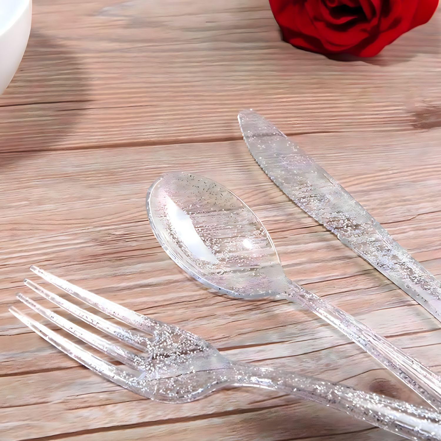 Lillian Collection Unique Glitter Silver Premium Plastic Cutlery Combo - Packs Of 48 - Perfect For Upscale Events & Parties