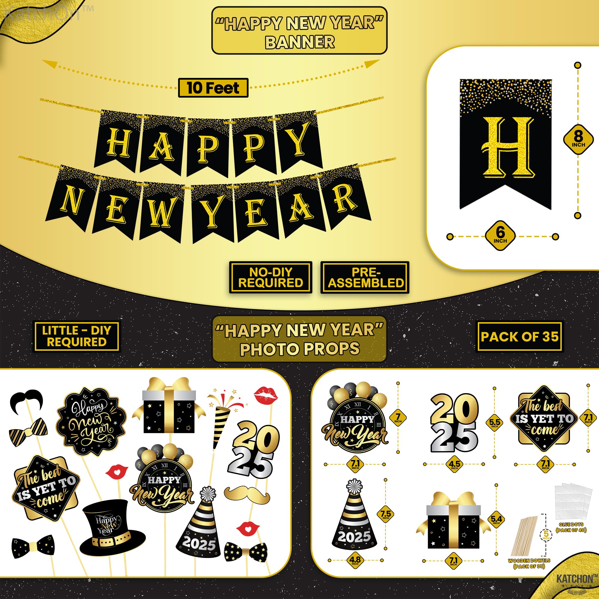 KatchOn New Year Party Supplies 2024 - Set of 76 Black & Gold Decorations, Foil Balloons & Banner for NYE Celebrations