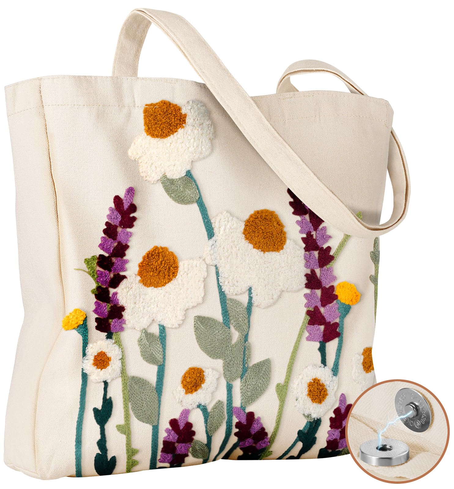 Miss Adola Aesthetic Embroidery Tote Bag for Women - Reusable Canvas Cloth Shoulder Bag with Cute 3d Wildflower Embroidered Desi