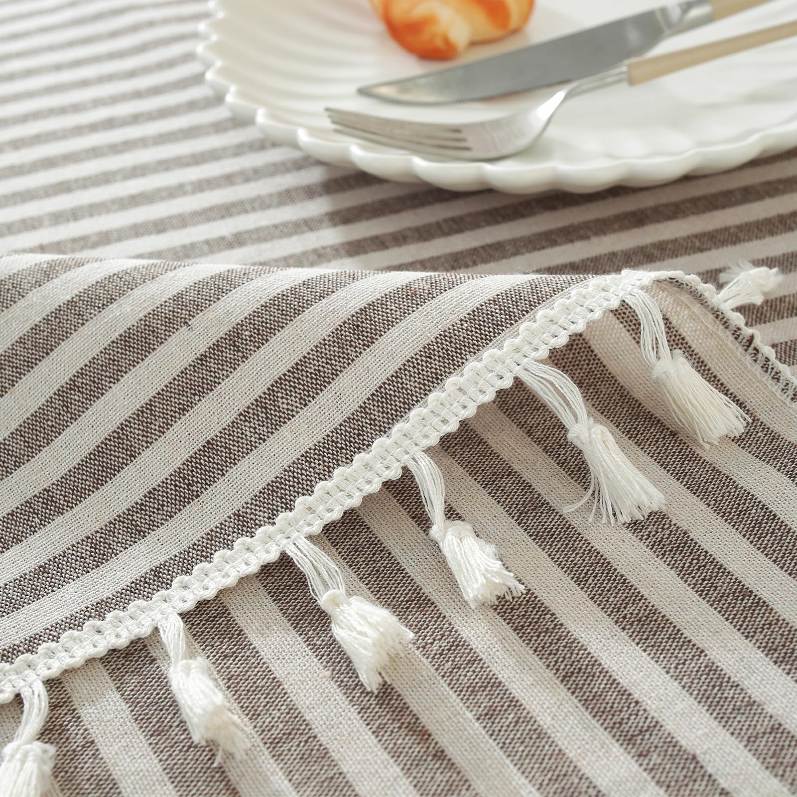 Meioro Table Cloth Coffee Brown Striped Tablecloth Tassels Cotton Linen Dust-Proof Table Cover For Dining Coffee Buffet Kitchen