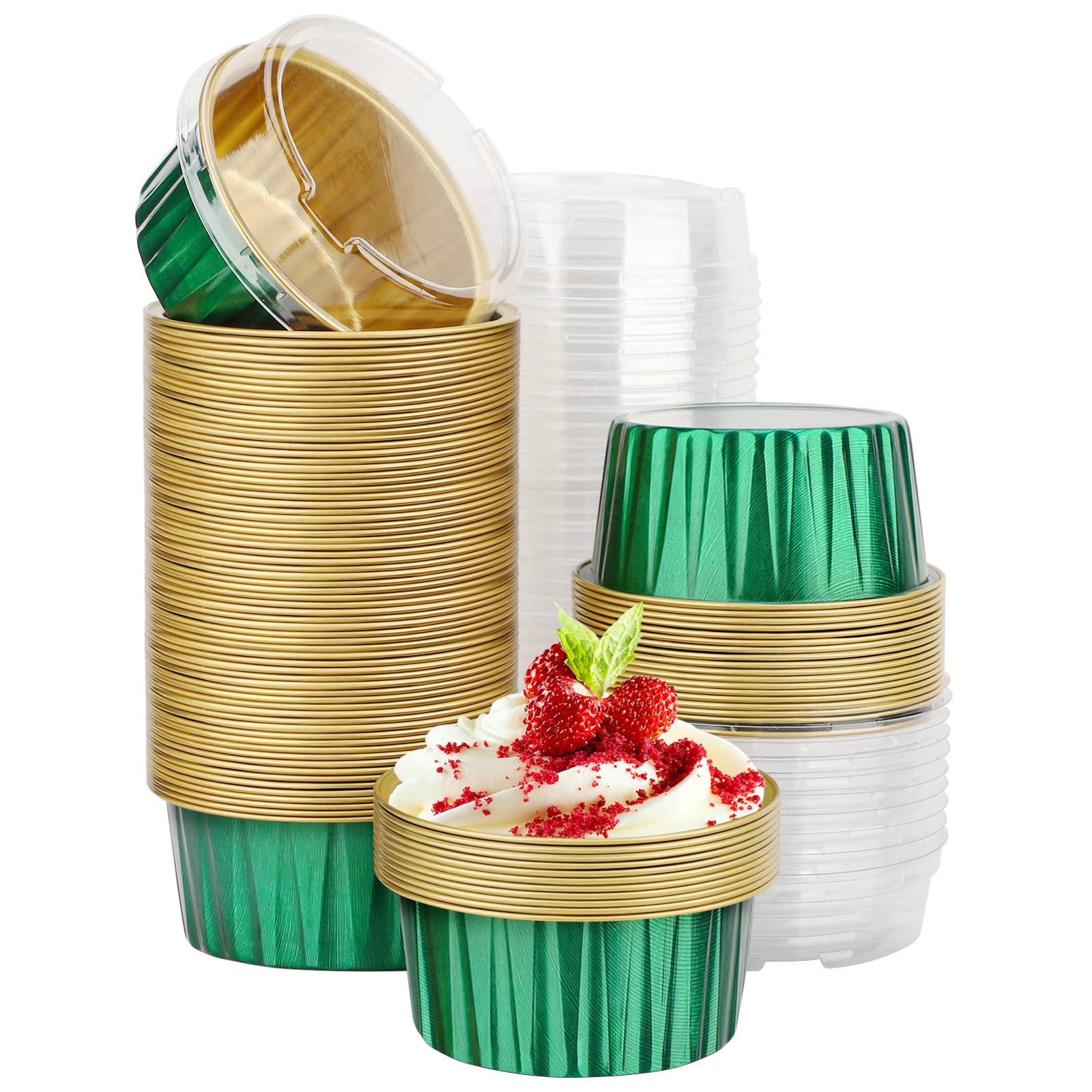 Eusoar Creme Brulee Ramekins Foil, 100Packs 5Oz Disposable Baking Cups With Lids Mini Muffin Liners, Dessert Cheesecake Pan Crem