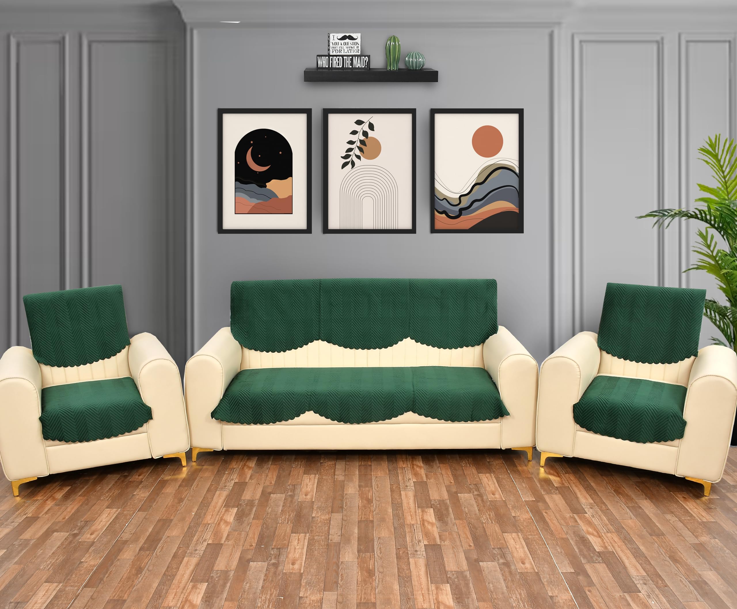 Yellow Weaves Velvet 5 Seater Quilted Sofa Cover And Chair Cover, Seat & Back Cover, Color - Dark Green