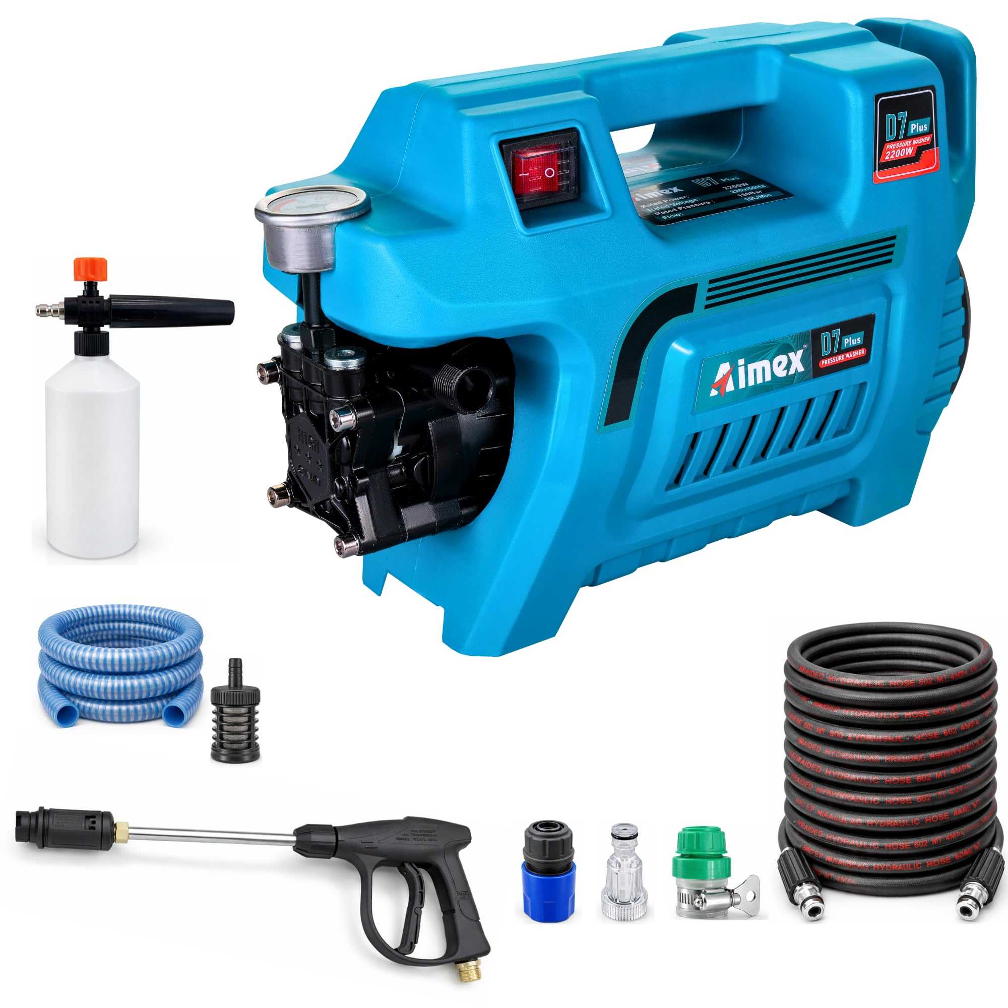 Aimex D7 Plus 2200W High Pressure Washer 150 Bar, Pure Copper Motor, 10L/Min Flow, 10M Hose Pipe, Foam Cannon, Portable Car Wash