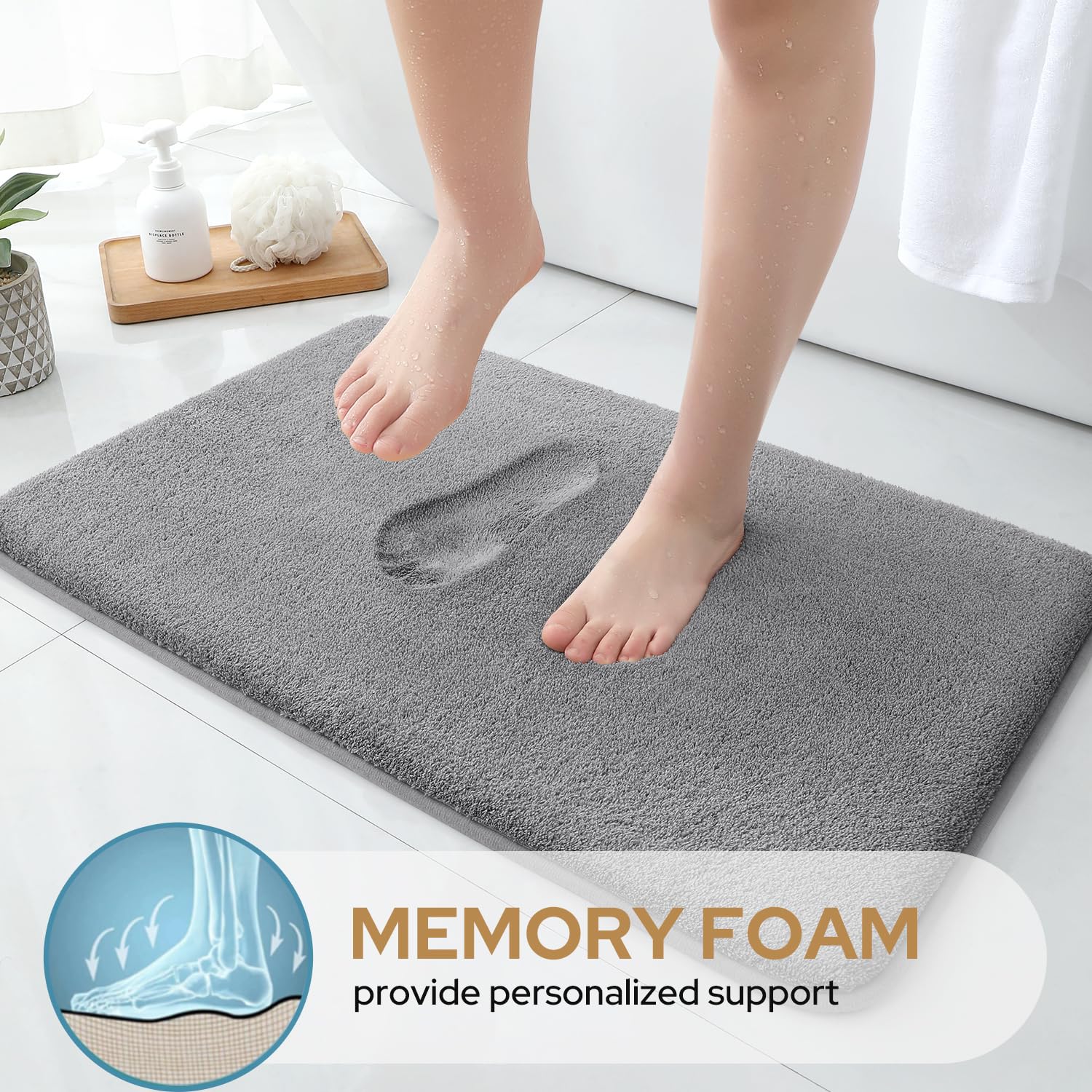Homeideas Upgraded Bathroom Rugs Set 3 Piece, Extra Thick Absorbent Soft Memory Foam, Washable Toilet Bath Mat (Grey,17''X24''+2
