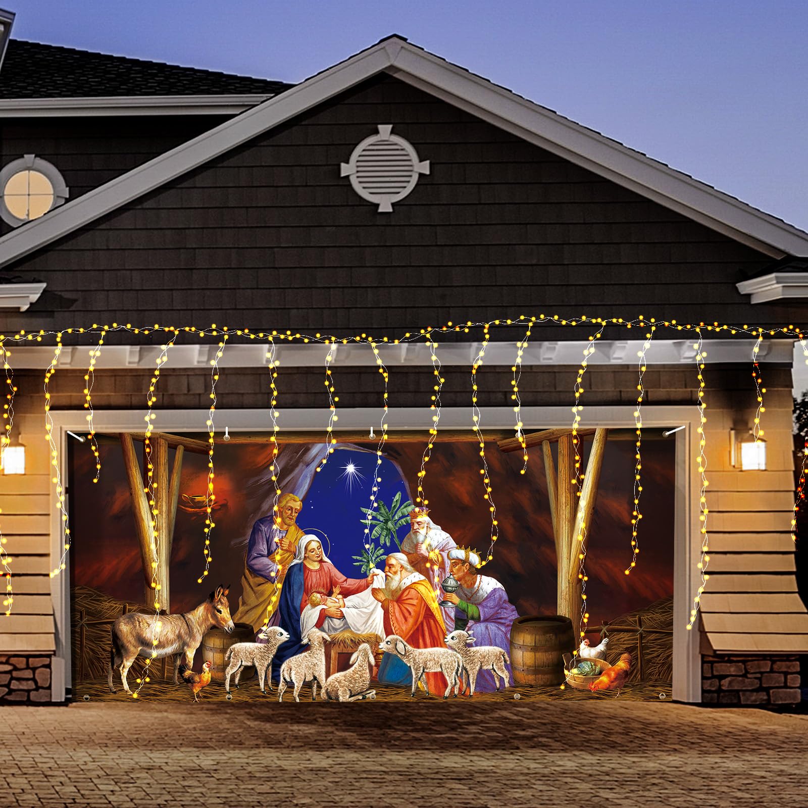 Wesiti Christmas Nativity Garage Door Cover 6 x 13 ft Religious Jesus Merry Christmas Garage Door Banner Backdrop Nativity Scene