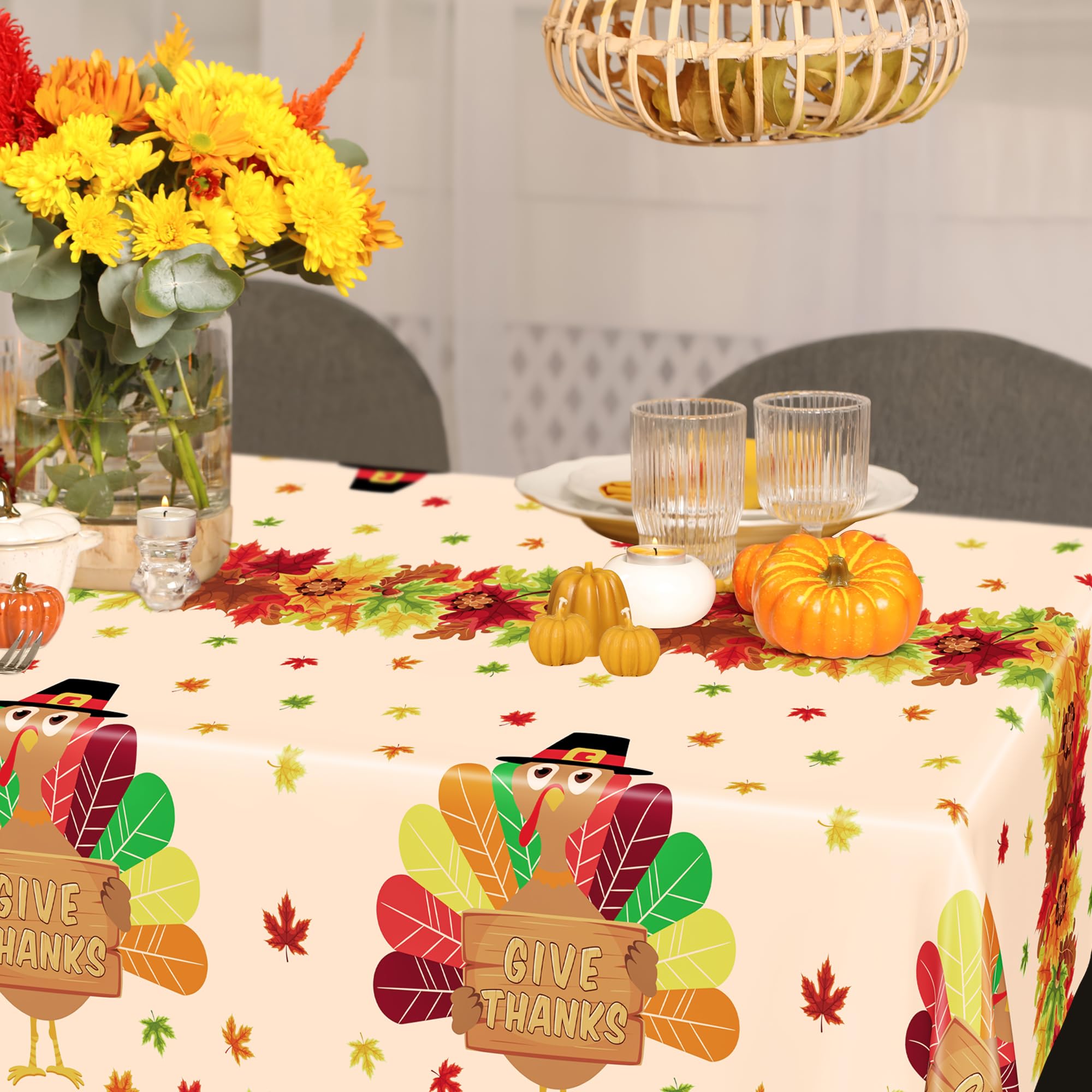 QZYL 3 Pack Thanksgiving Tablecloths, 54 x 108 Fall Disposable Table Cloth, Maple Leaves Turkey Tablecloth Rectangle Plastic Tab