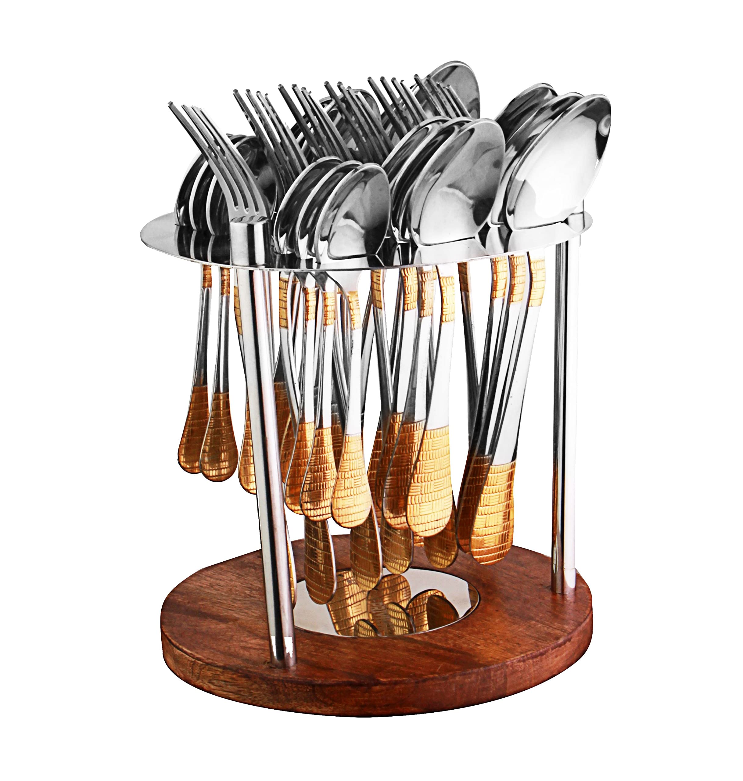 Nora Stainless Steel Gold Plated Cutlery 24 Pcs Set With Ss And Wooden Stand Gold | Or | Aksh Masala Box/Spice Box/Storage/Org