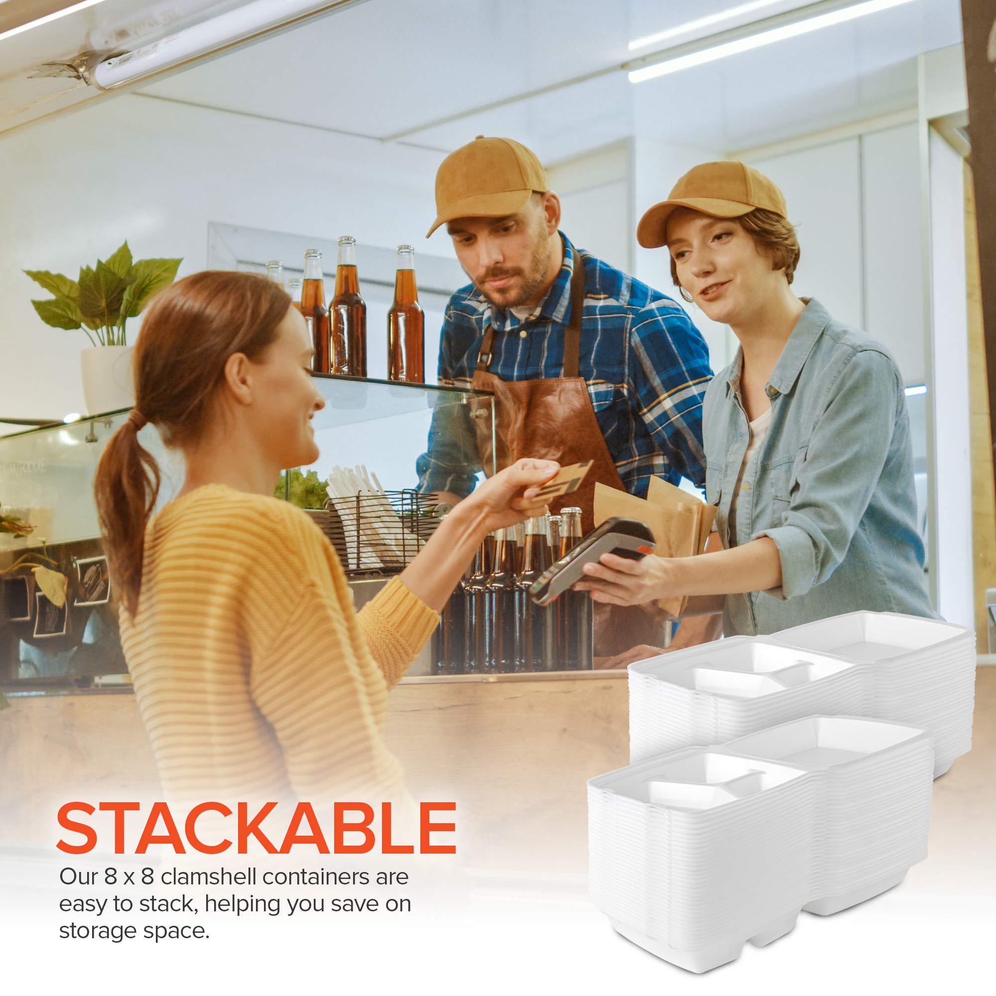 Stock Your Home 8X8 Clamshell Take Out Boxes (25 Pack) Medium 3-Compartment Foam Food Containers Disposable Lunch Container, Res