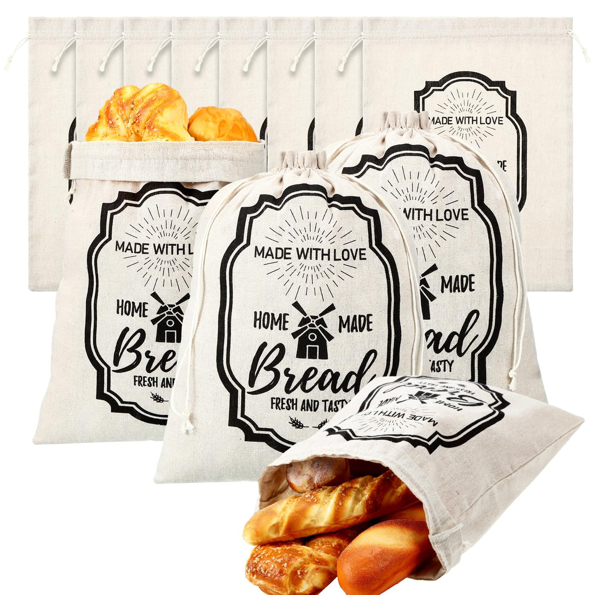 Vesici 8 Pcs Large Linen Bread Bag For Homemade Bread Reusable Bread Container And Saver Drawstring Bread Storage Bags Unbleache