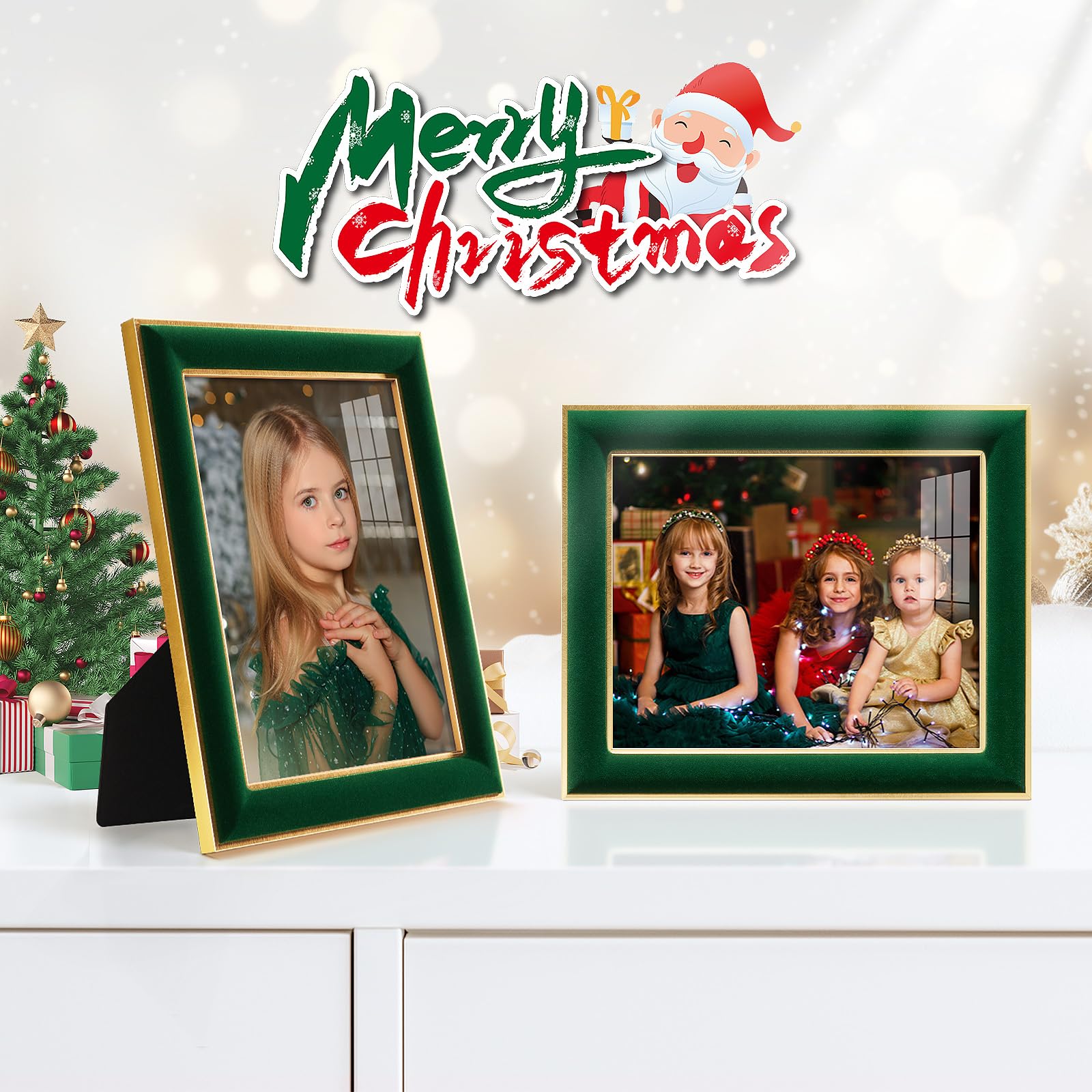 KSROECUD 8x10 Velvet Picture Frame with 2 Opening 4x6 Picture, HD Real Glass Green Velvet Photo Frame with Black White Border Ma