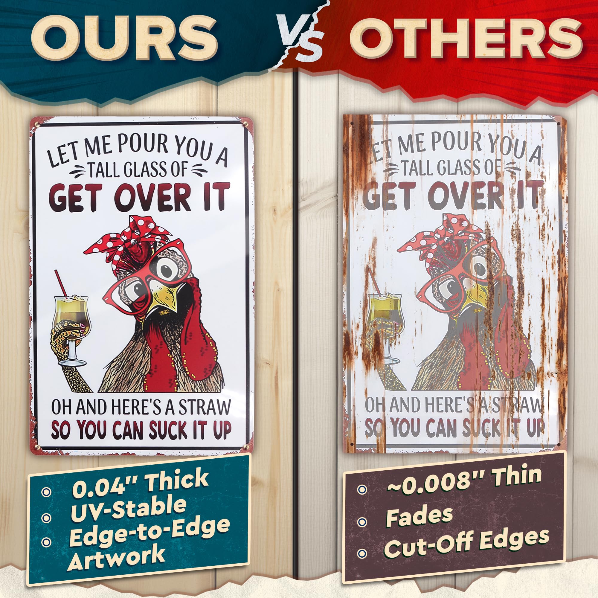 Let Me Pour You a Tall Glass of Get Over It Tin Sign 8x12 - Metal Funny Chicken Coop Signs for Outside - Rustic Tin Farmhouse Wa