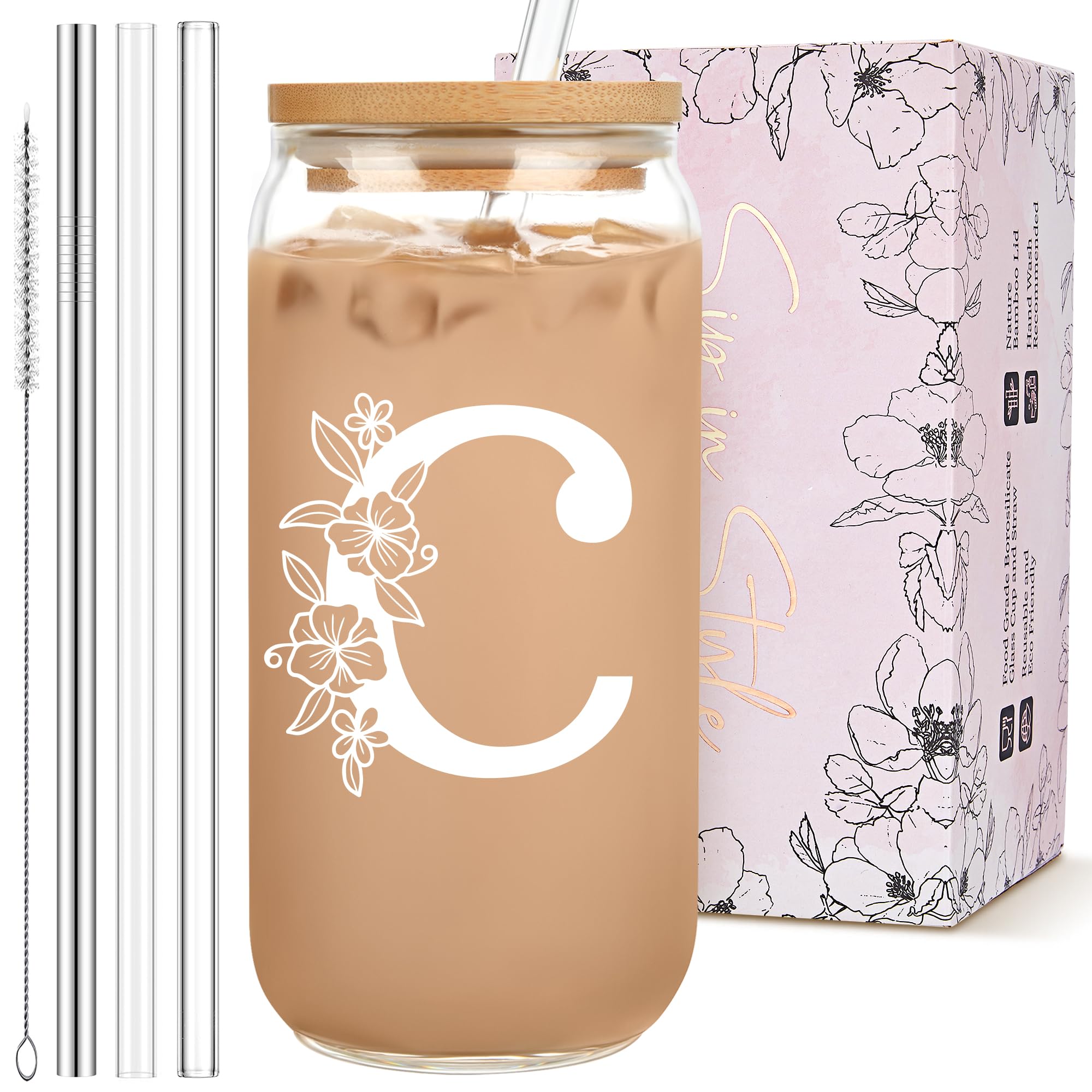 Personalized Tumbler, Monogrammed Can Glass Cups With Bamboo Lids And Straws, Customized Gifts For Women, Cute Design Initial Ic