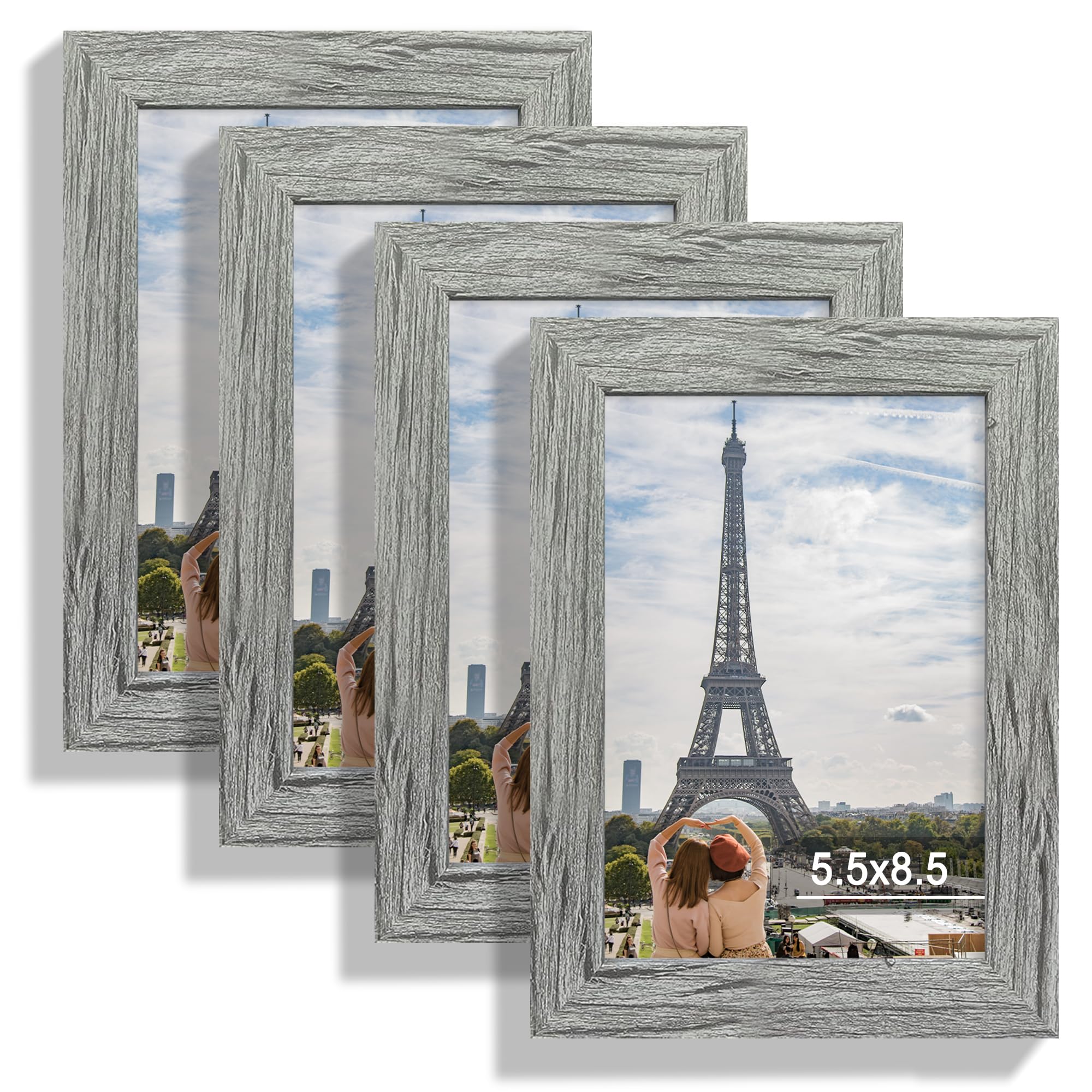 Hongkee 5.5X8.5 Picture Frame Set Of 4, Made Of Real Glass And Grey Frame, 5.5 By 8.5 Photo For Wall Or Tabletop