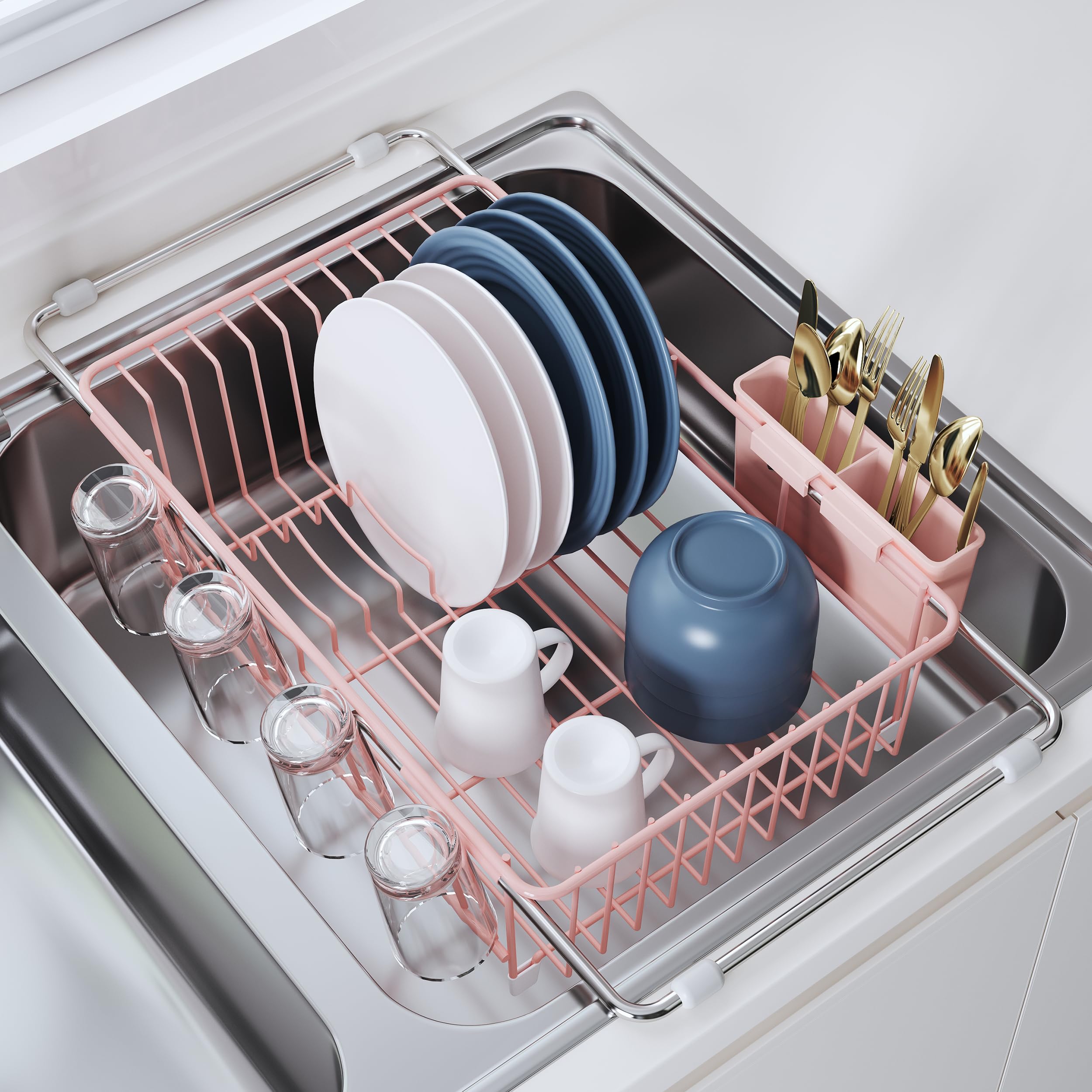Over the Sink Expandable Dish Drainer Drying Rack In Stainless Steel for Small Kitchen, Counter Space Saving Compact Metal Above
