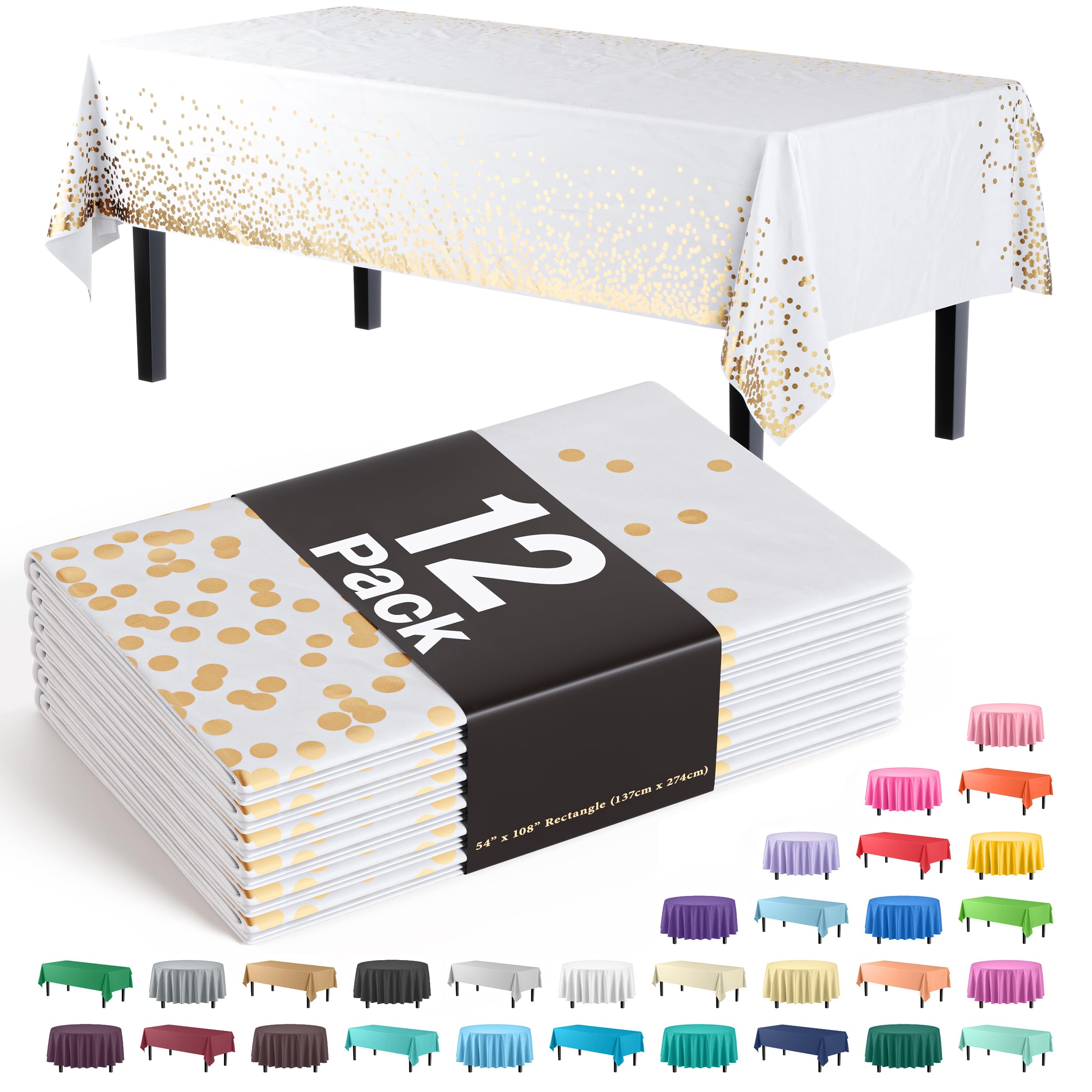 Exquisite Black And Gold Tablecloth 12-Pack New Years Plastic Tablecloth White And Gold Dot 54In. X 108In. Rectangle Table Cover